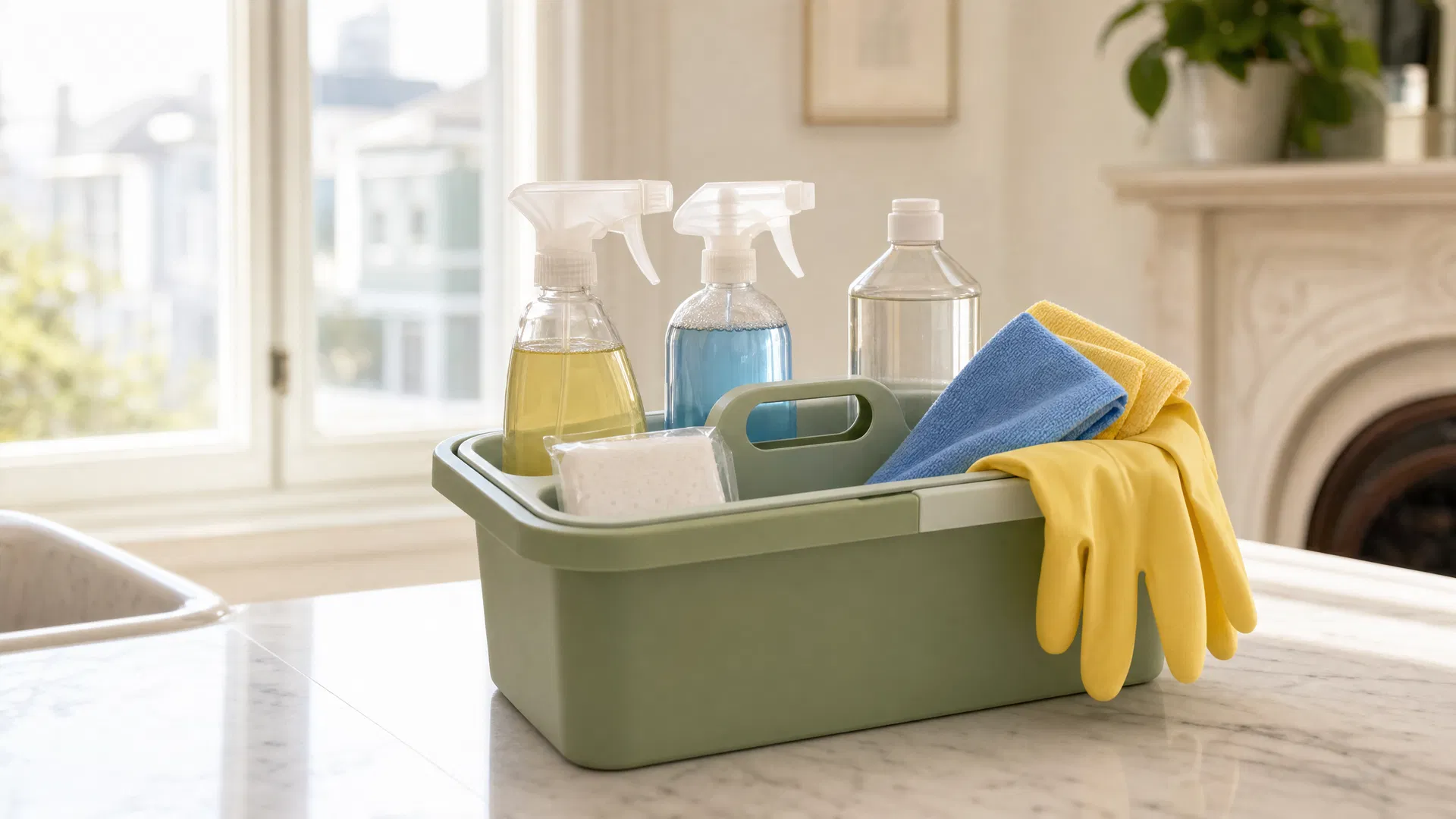 Green IKEA PEPPRIG cleaning caddy with Method, Seventh Generation, new sponge, yellow and blue microfiber cloths on San Francisco marble counter