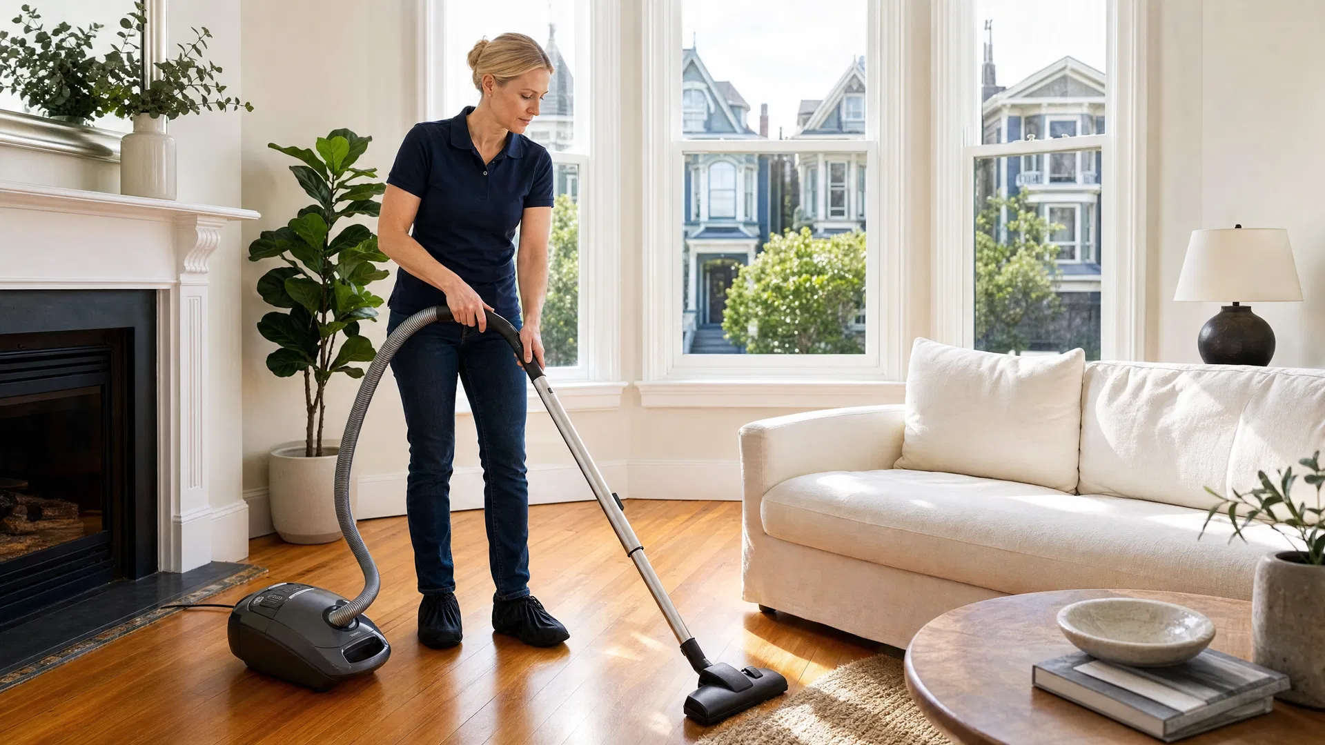 White woman house cleaner in navy polo vacuuming San Francisco Victorian living room with Miele canister vacuum and shoe covers