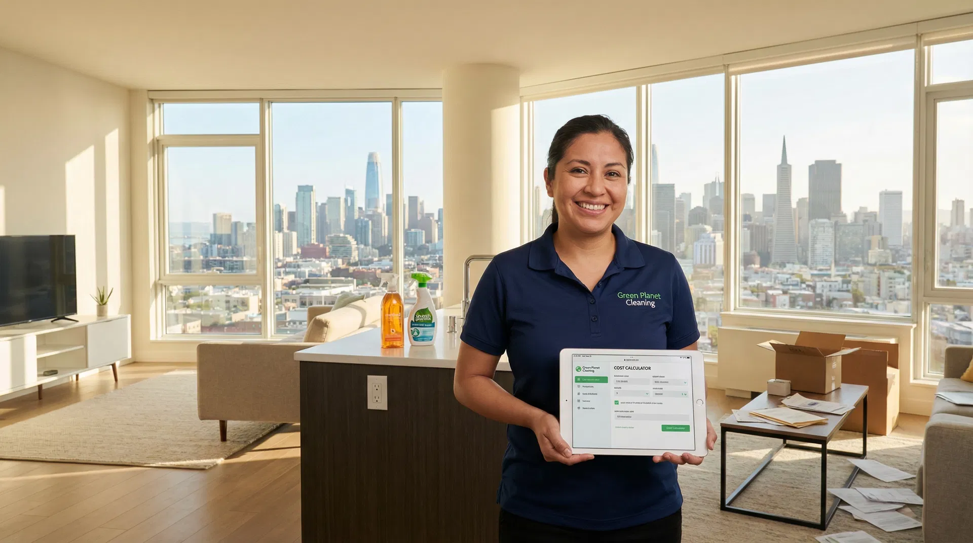 Empty apartment with professional cleaner wiping down baseboards, preparing for final walkthrough and security deposit return