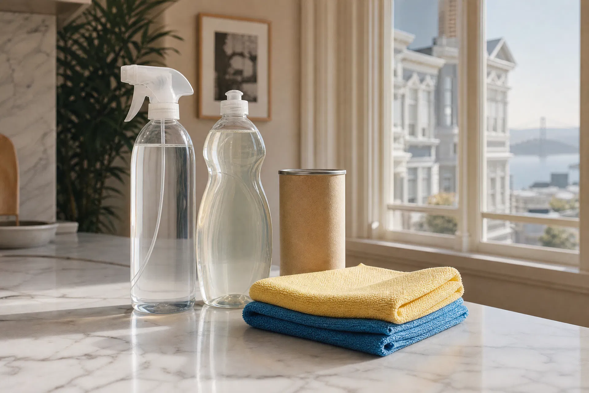 Eco-friendly cleaning products on a marble countertop in a San Francisco apartment