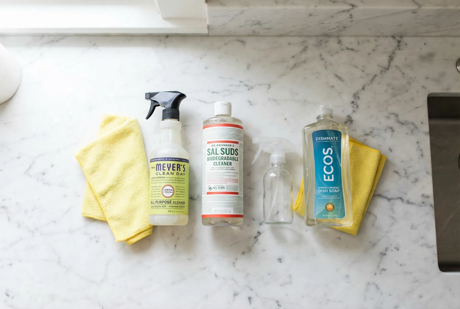 Mrs. Meyer's All-Purpose Cleaner, Dr. Bronner's Sal Suds, ECOS dish soap, and yellow microfiber cloths on a marble kitchen counter — Green Planet Cleaning's natural product lineup