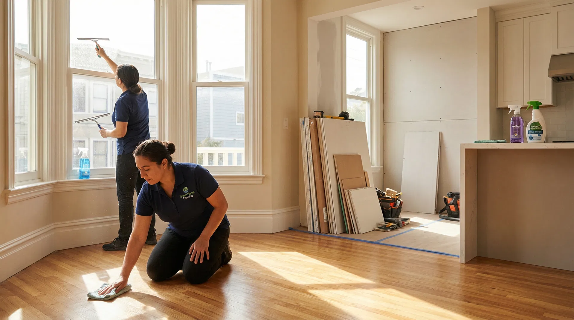 Professional cleaner removing construction dust from hardwood floors in a newly renovated San Francisco Victorian home