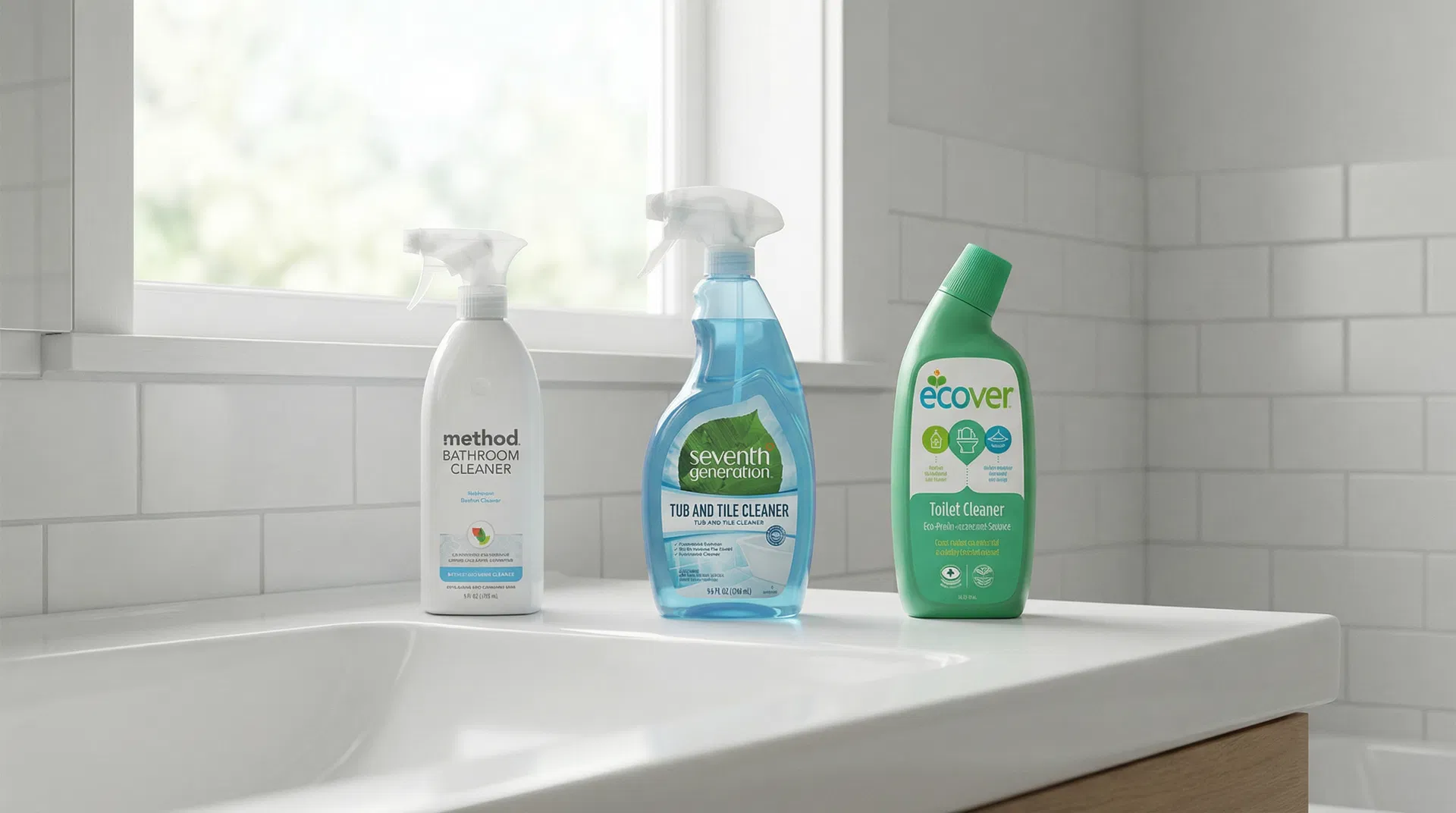 Method Bathroom Cleaner, Seventh Generation Tub and Tile Cleaner, and Ecover Toilet Cleaner on white bathroom countertop with subway tile background