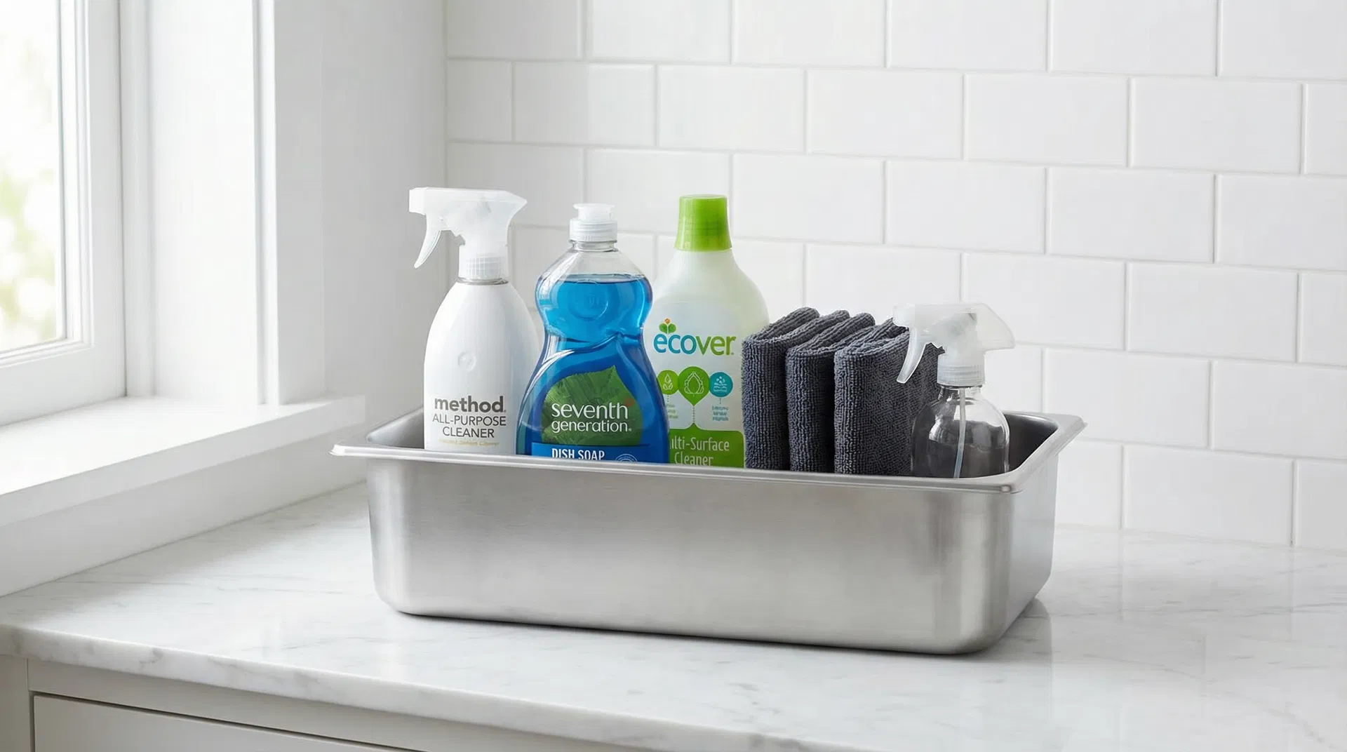 Eco-friendly cleaning products used by Green Planet Cleaning in a Marin County estate with floor-to-ceiling windows overlooking Mount Tamalpais and San Francisco Bay, immaculately clean white oak floors and stone fireplace