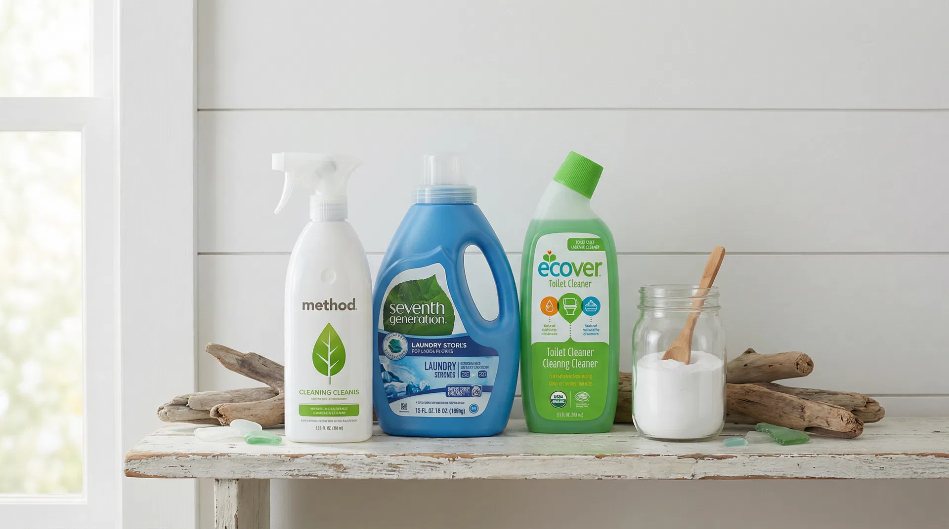Eco-friendly cleaning products used by Green Planet Cleaning at a Stinson Beach vacation home interior with bleached wood floors, white shiplap walls, and floor-to-ceiling sliding glass doors open to a private deck overlooking the Pacific Ocean