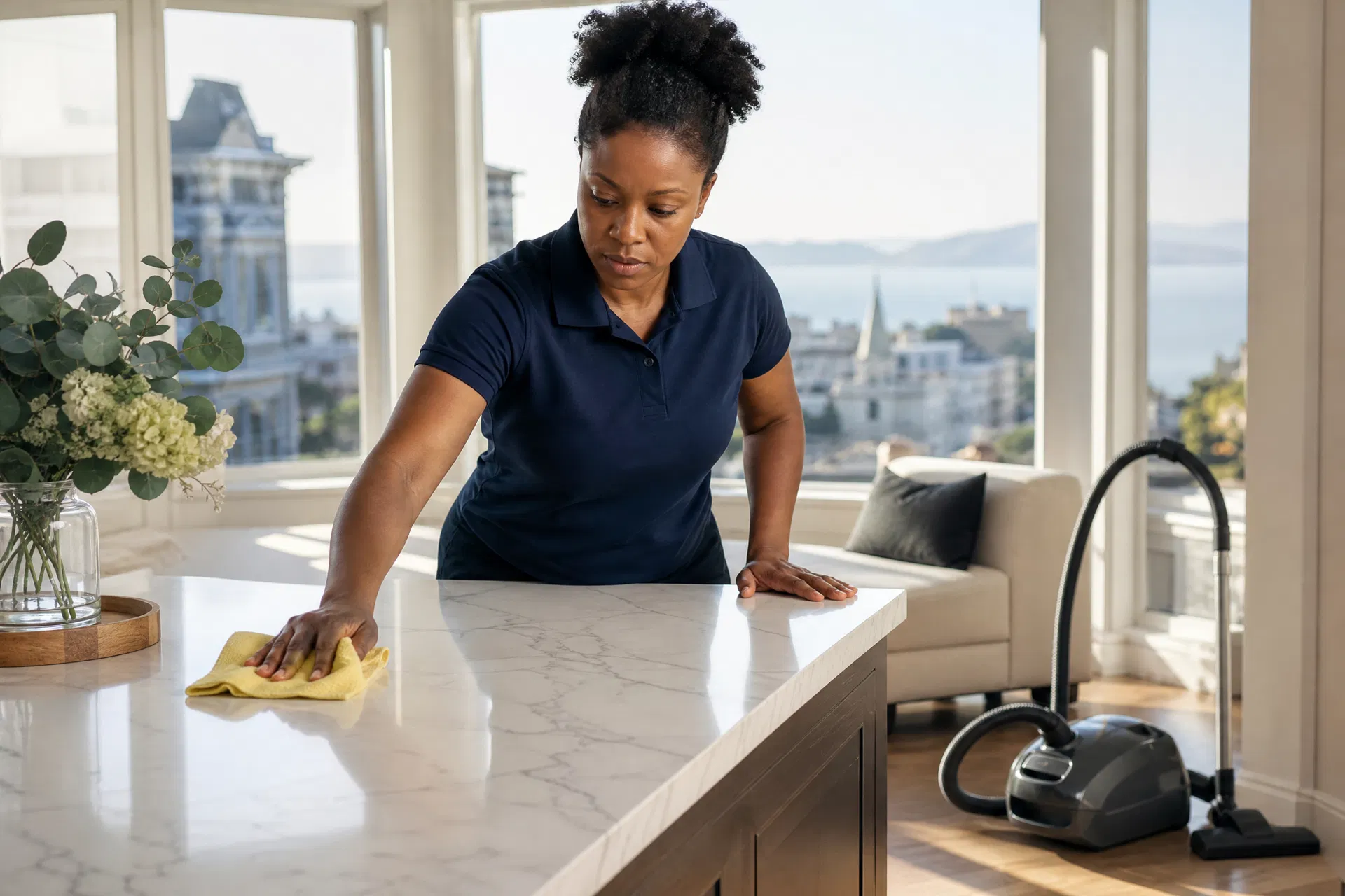 Professional cleaner wiping down a marble kitchen island in a San Francisco Pacific Heights home with bay views