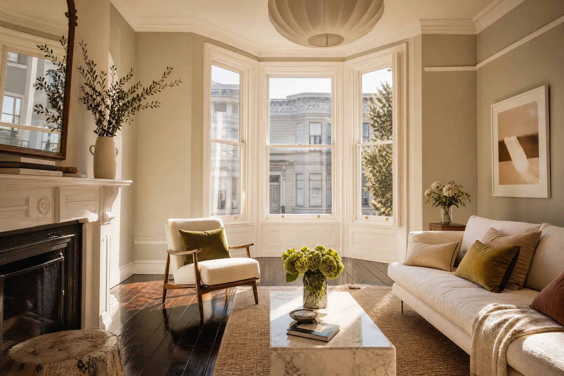 San Francisco Victorian living room with bay windows and gleaming hardwood floors after professional cleaning