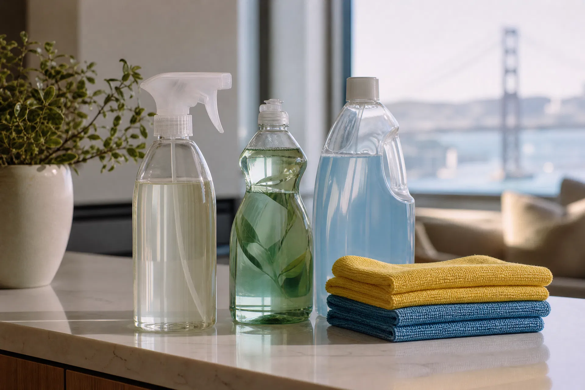 Eco-friendly cleaning products on a white quartz countertop in a San Francisco home