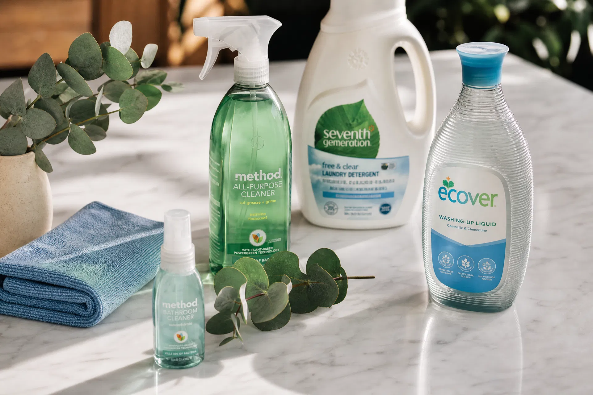 Eco-friendly cleaning products including Method, Seventh Generation, and Ecover arranged on a marble countertop with eucalyptus