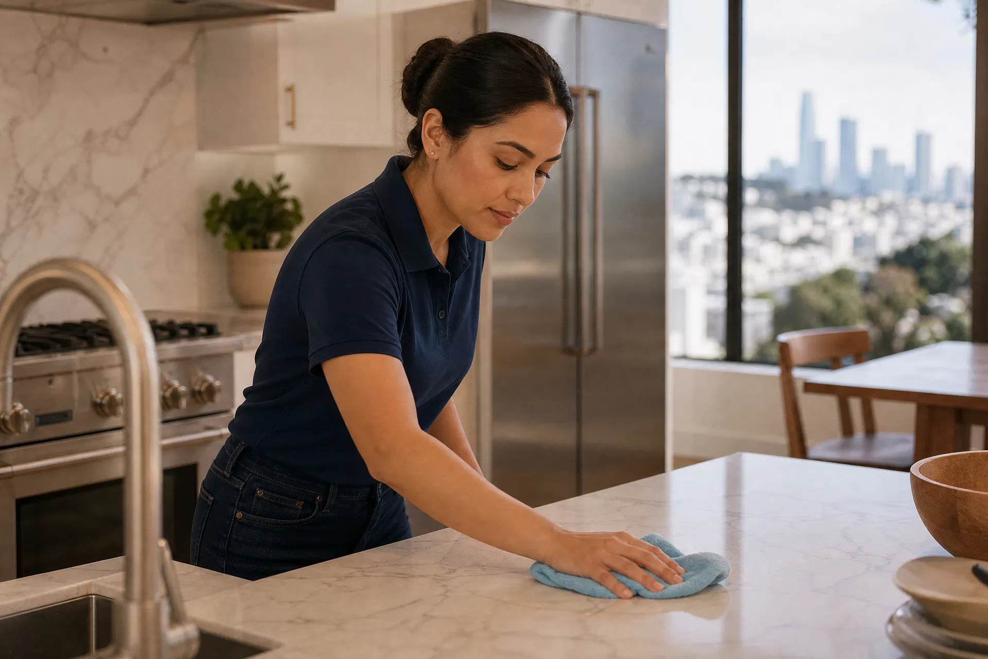 Professional cleaner in navy polo wiping down a kitchen countertop in a San Francisco home with city skyline view