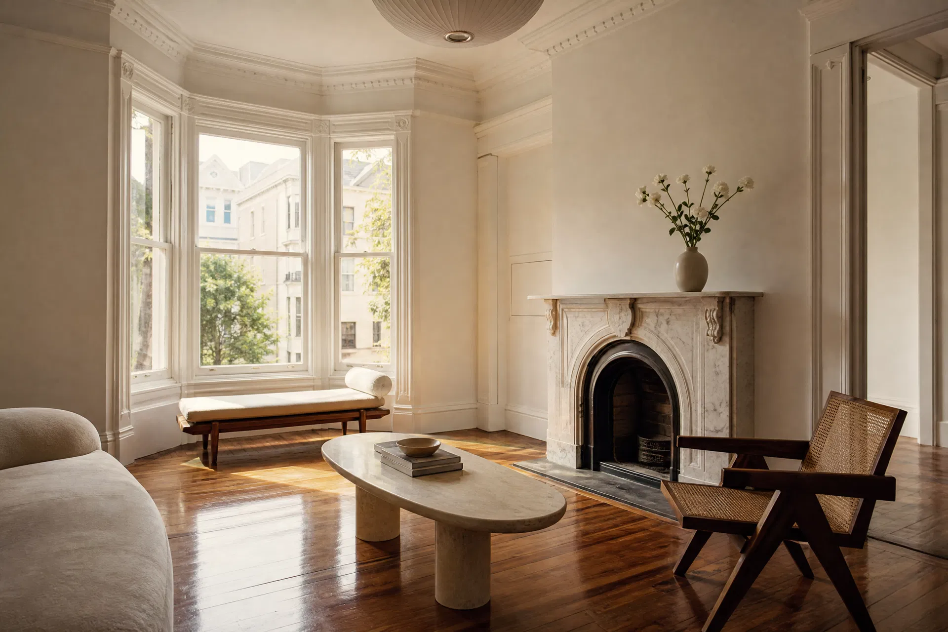 Beautifully cleaned San Francisco Victorian living room with bay windows, original hardwood floors, and marble fireplace