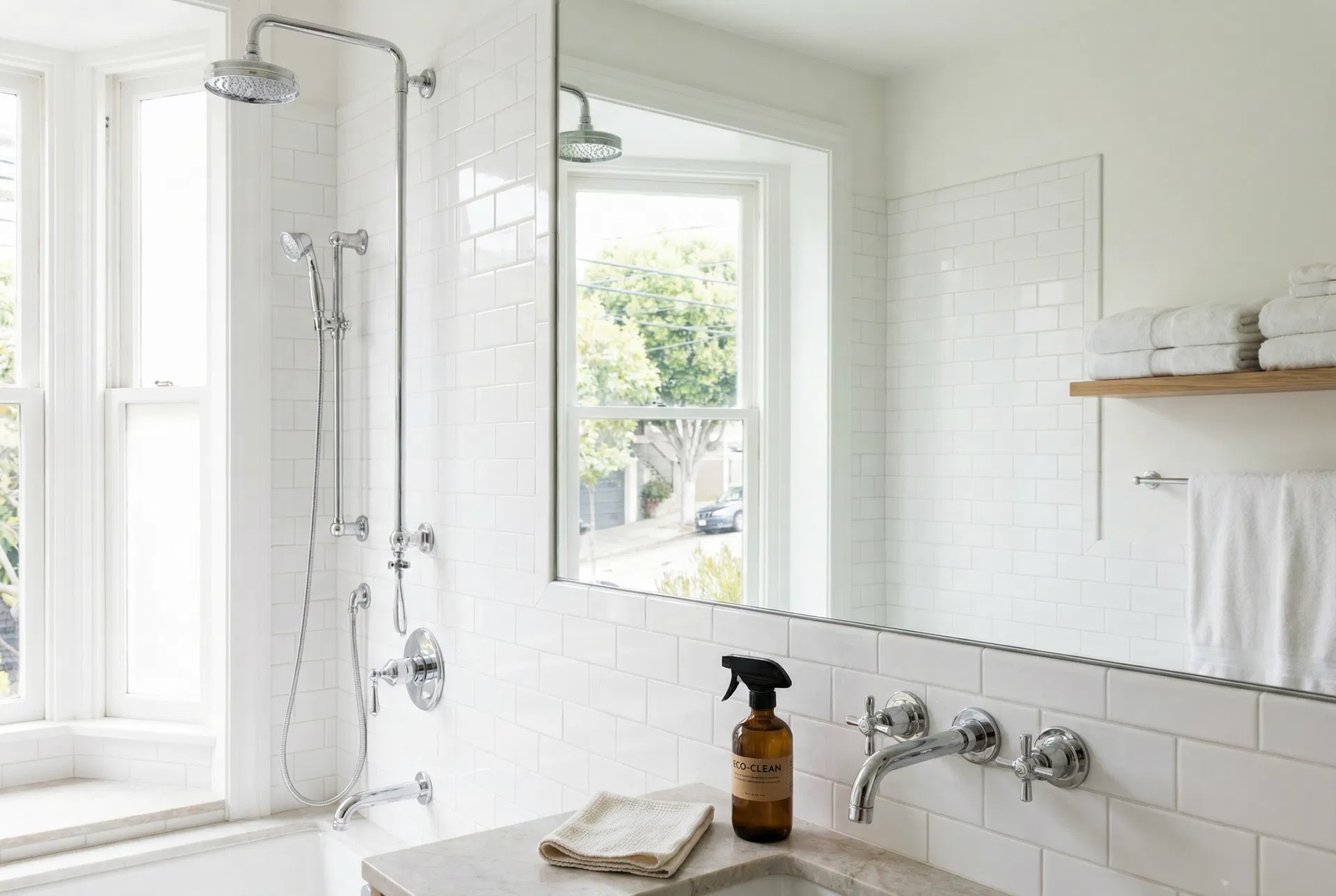 Sparkling clean San Francisco Victorian bathroom after Green Planet standard cleaning — white subway tile, polished chrome fixtures, clean mirror