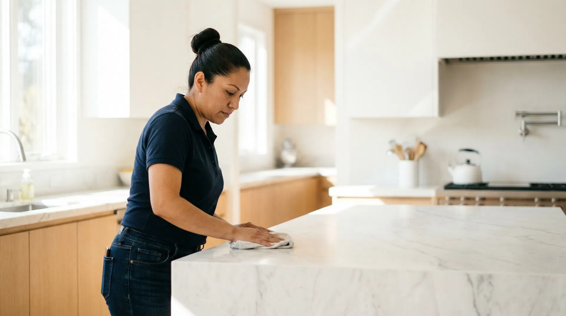 Latina cleaner wiping marble counter