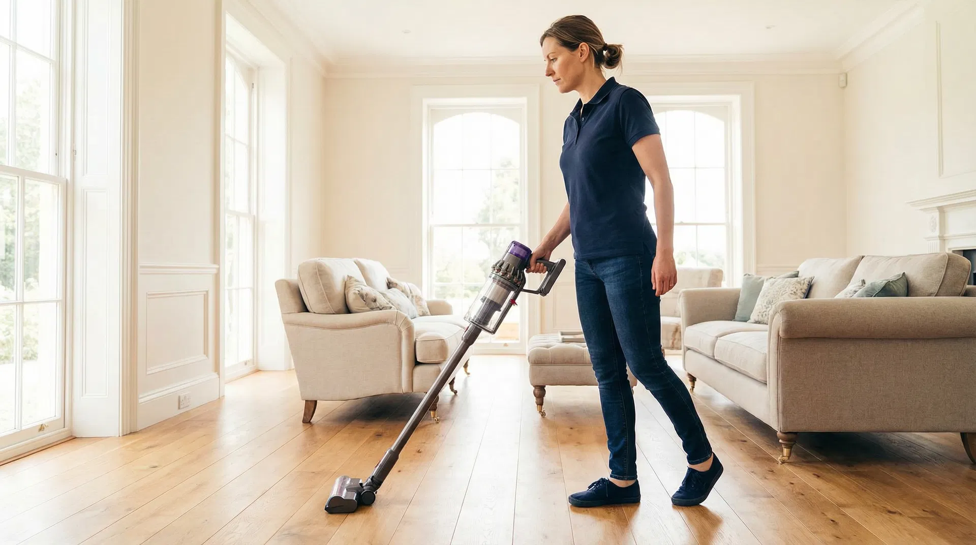 White female cleaner vacuuming estate