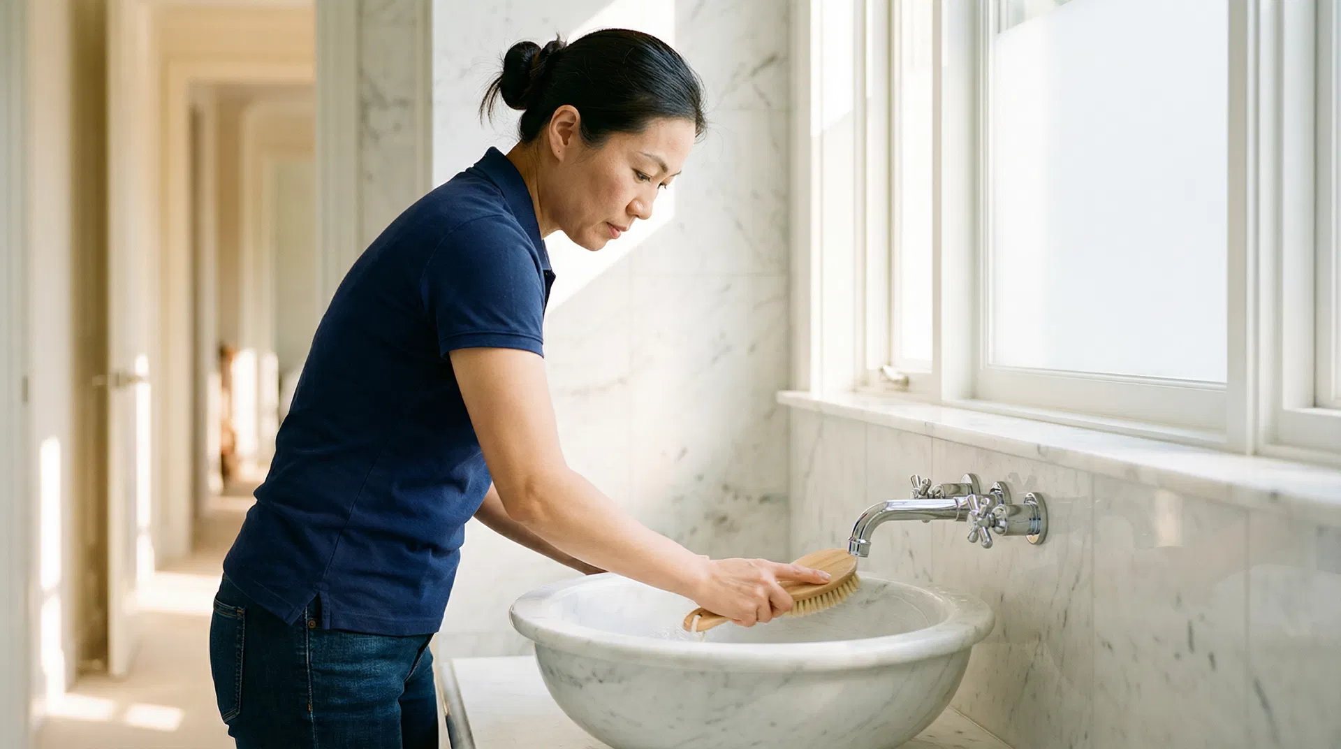 Asian cleaner scrubbing marble bathroom