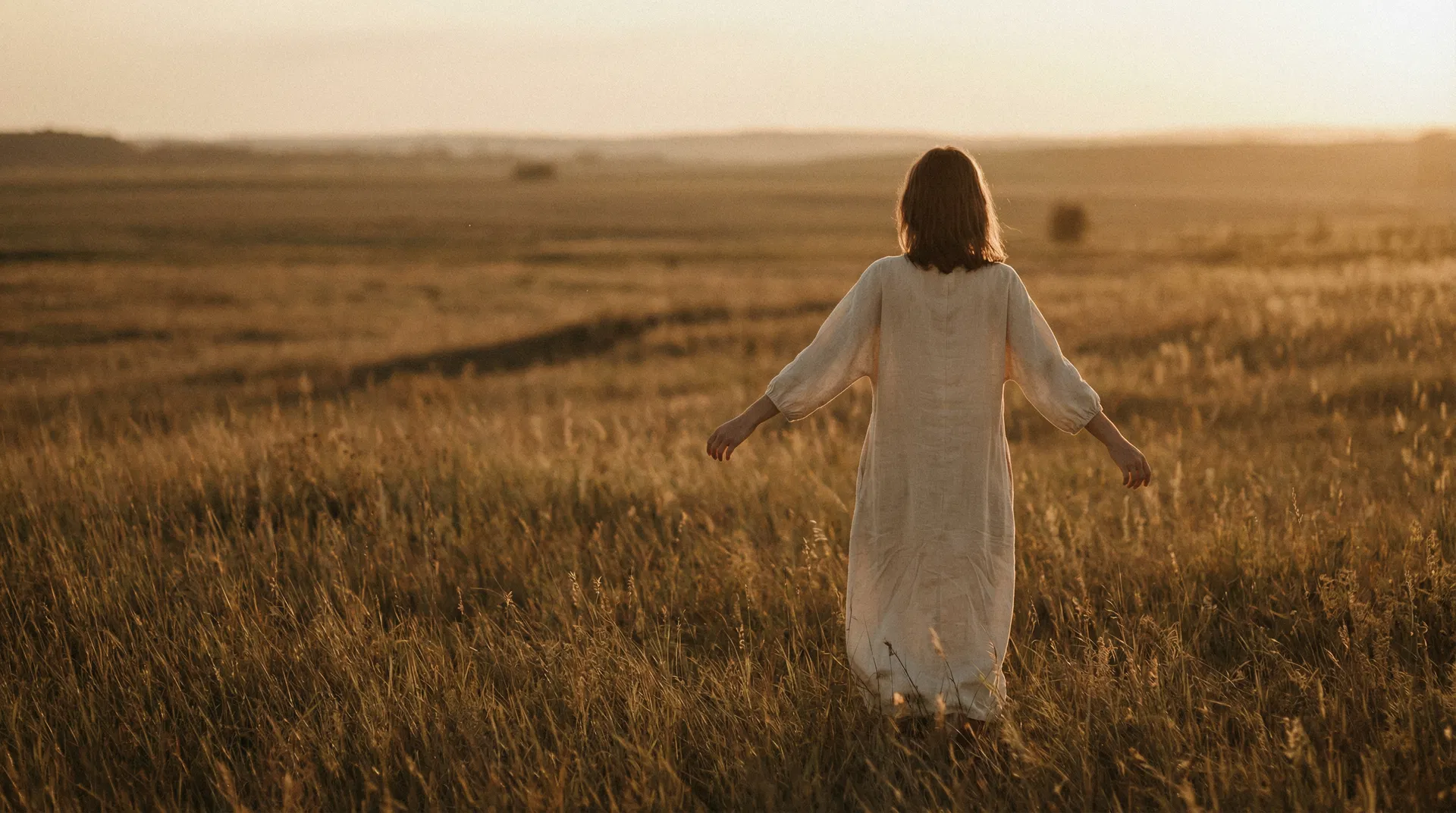 A woman standing in a golden field at sunset, arms open, facing the horizon