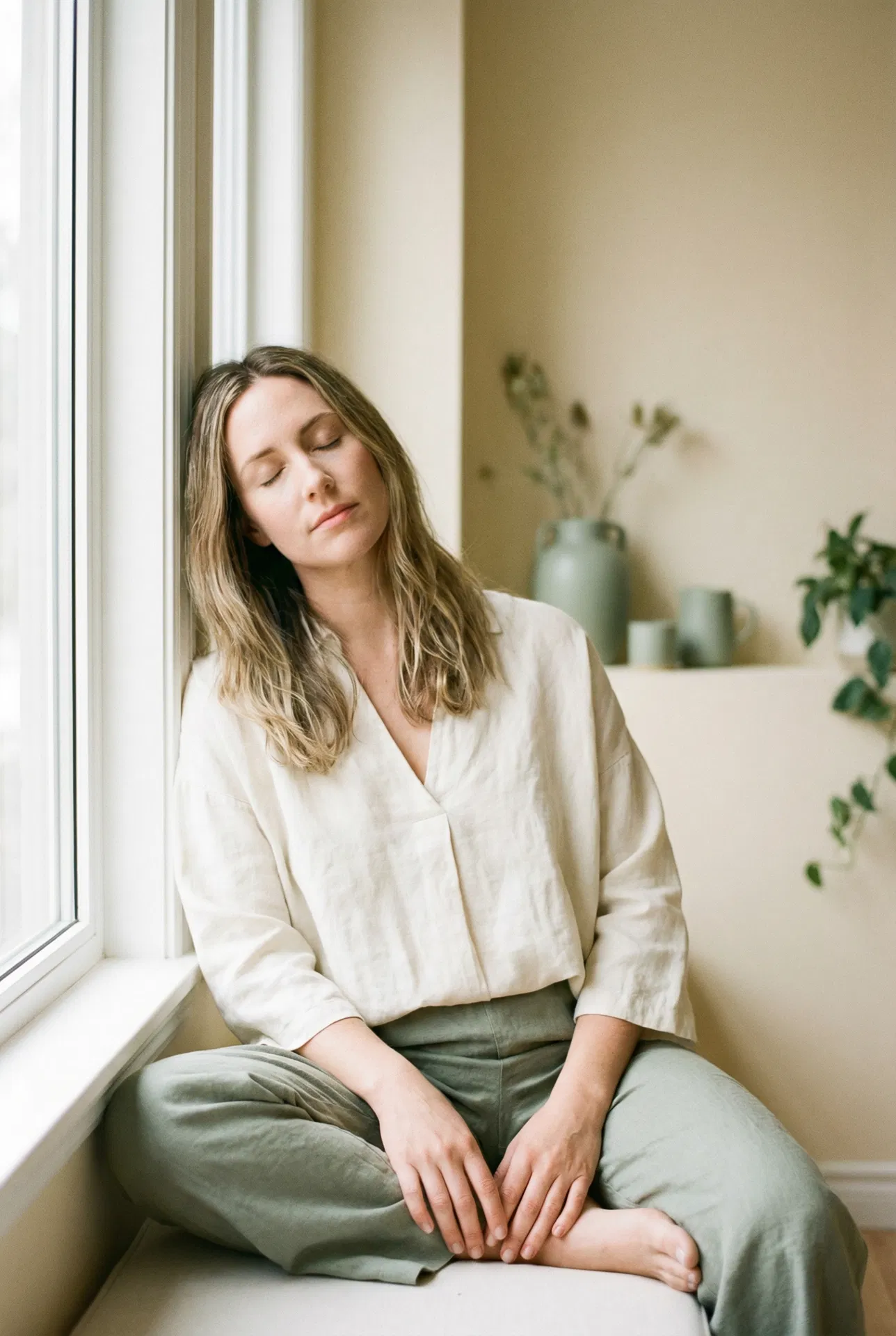 A woman's hands resting calmly in her lap, soft natural light