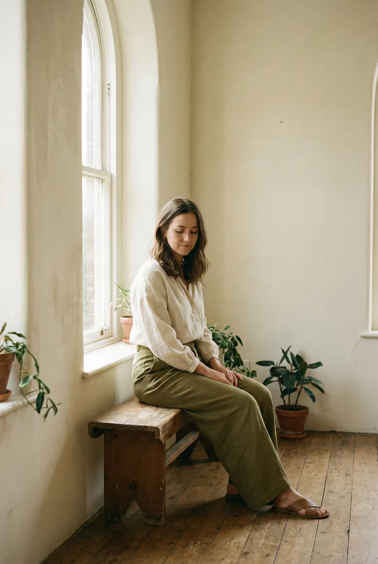 A woman sitting by a window in quiet contemplation