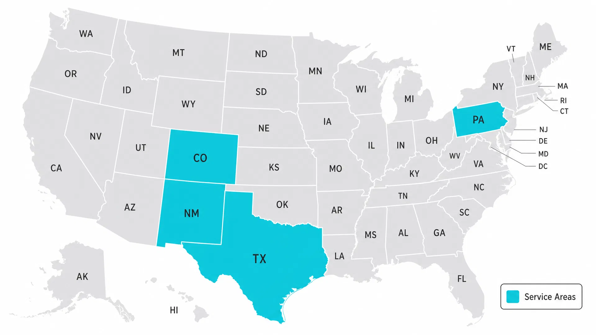 Sunforce Solar Service Areas - Texas, New Mexico, Colorado, and Pennsylvania highlighted in cyan