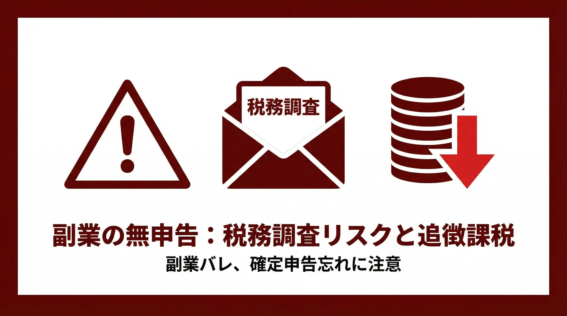 副業の無申告で税務調査と追徴課税リスクを示す警告イラスト