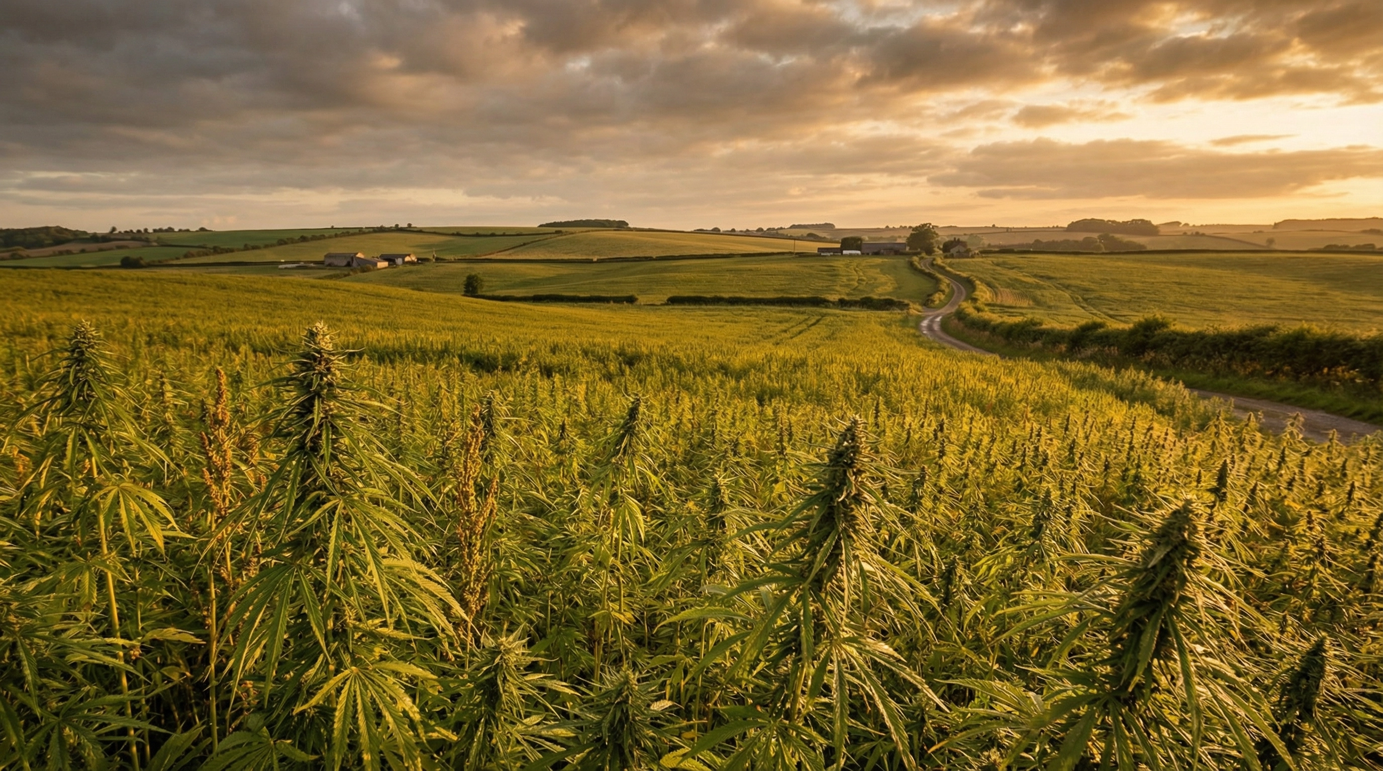 Expansive industrial hemp field in East Yorkshire countryside at golden hour, representing commercial hemp farming expertise