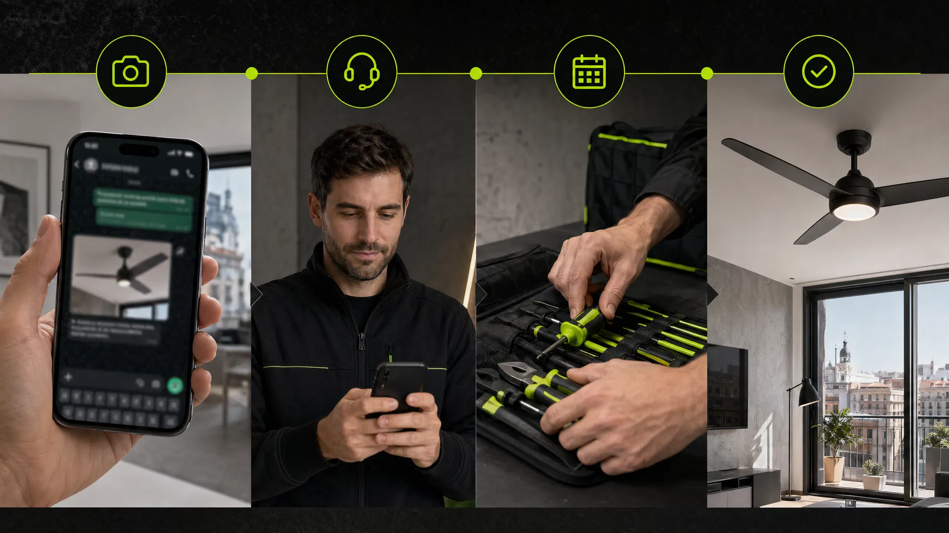Proceso de contacto por WhatsApp para instalar ventilador o lámpara