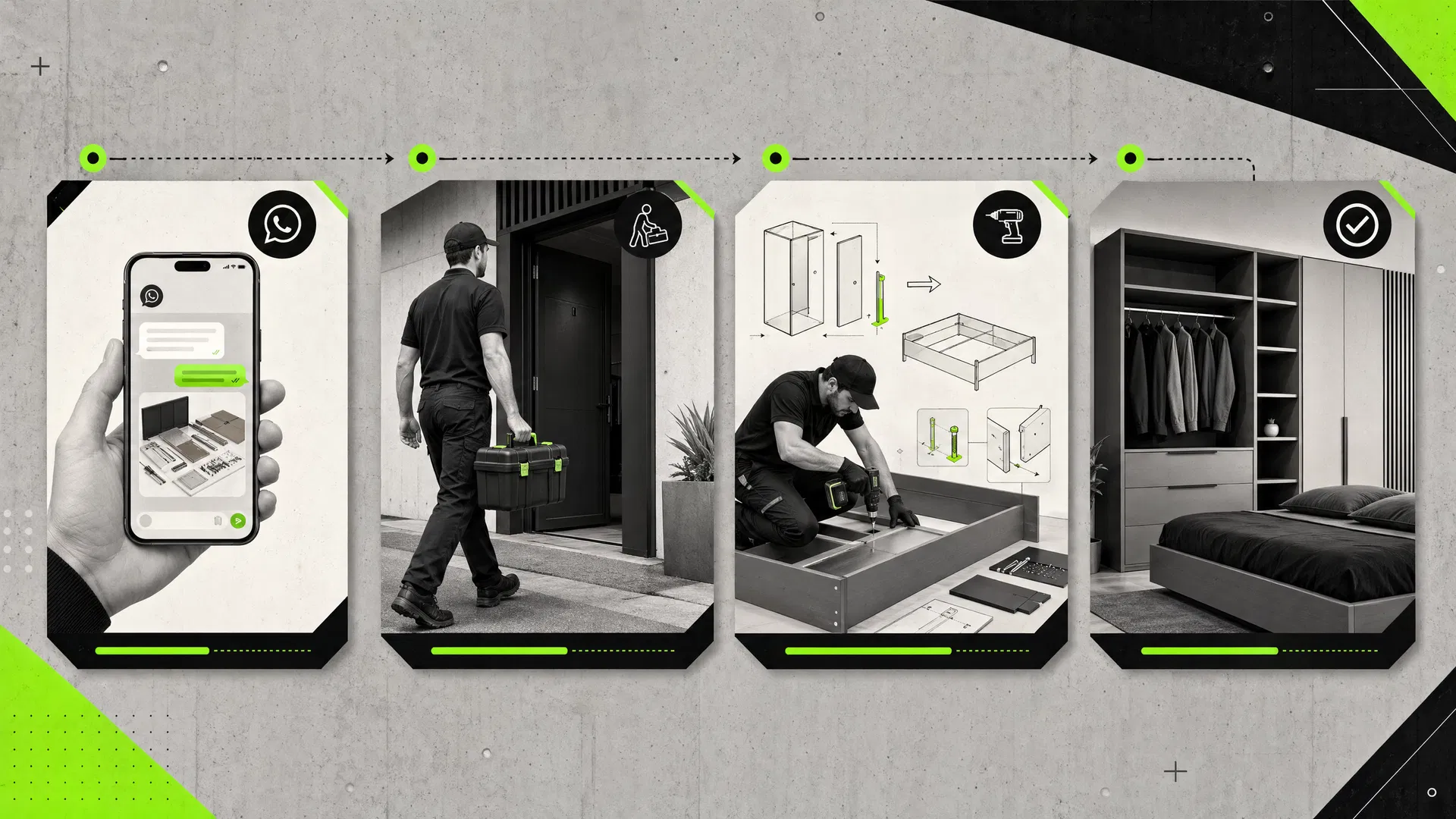 Proceso visual de contacto, llegada, montaje y mueble terminado
