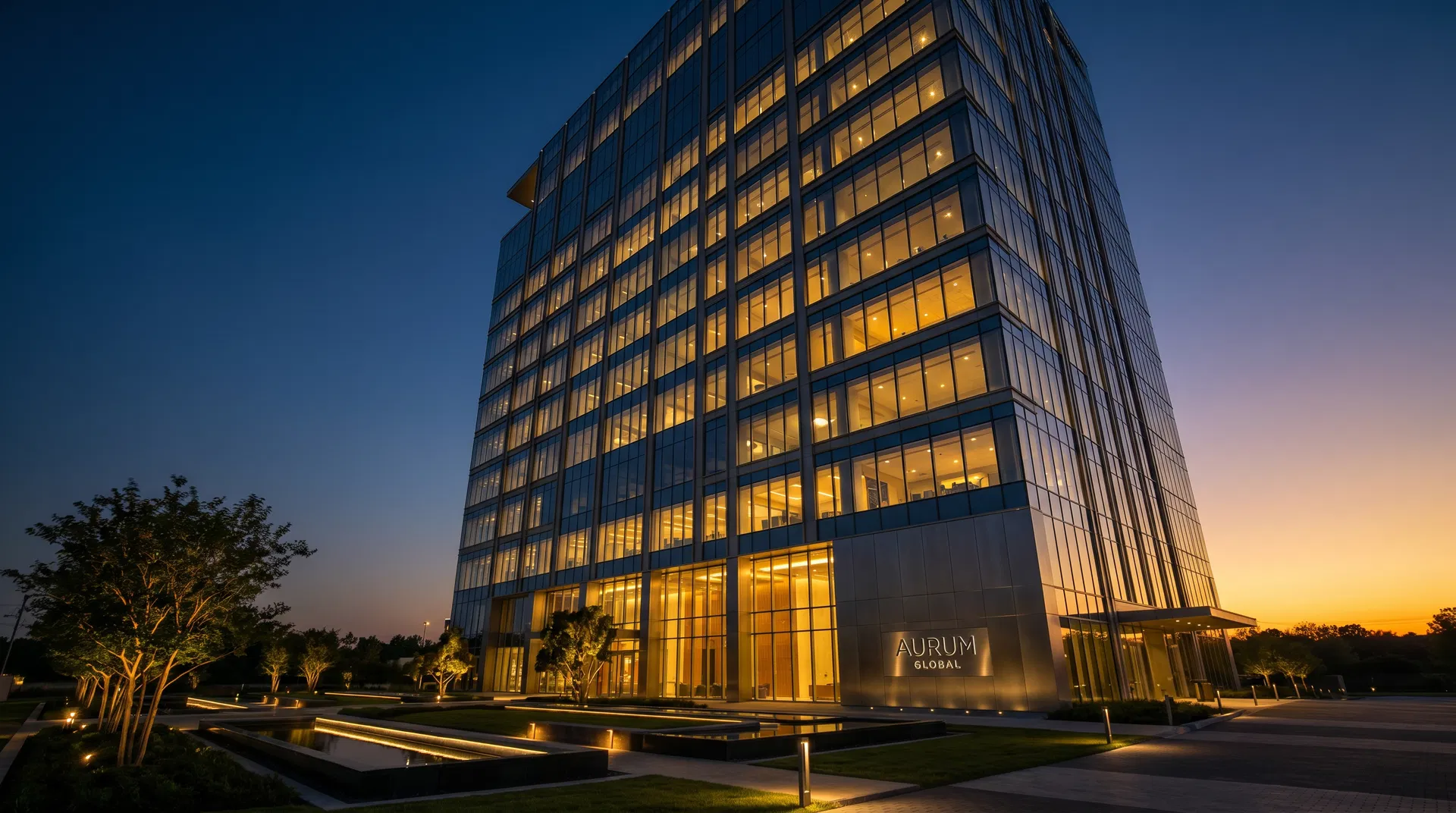 Prestigious corporate headquarters at twilight