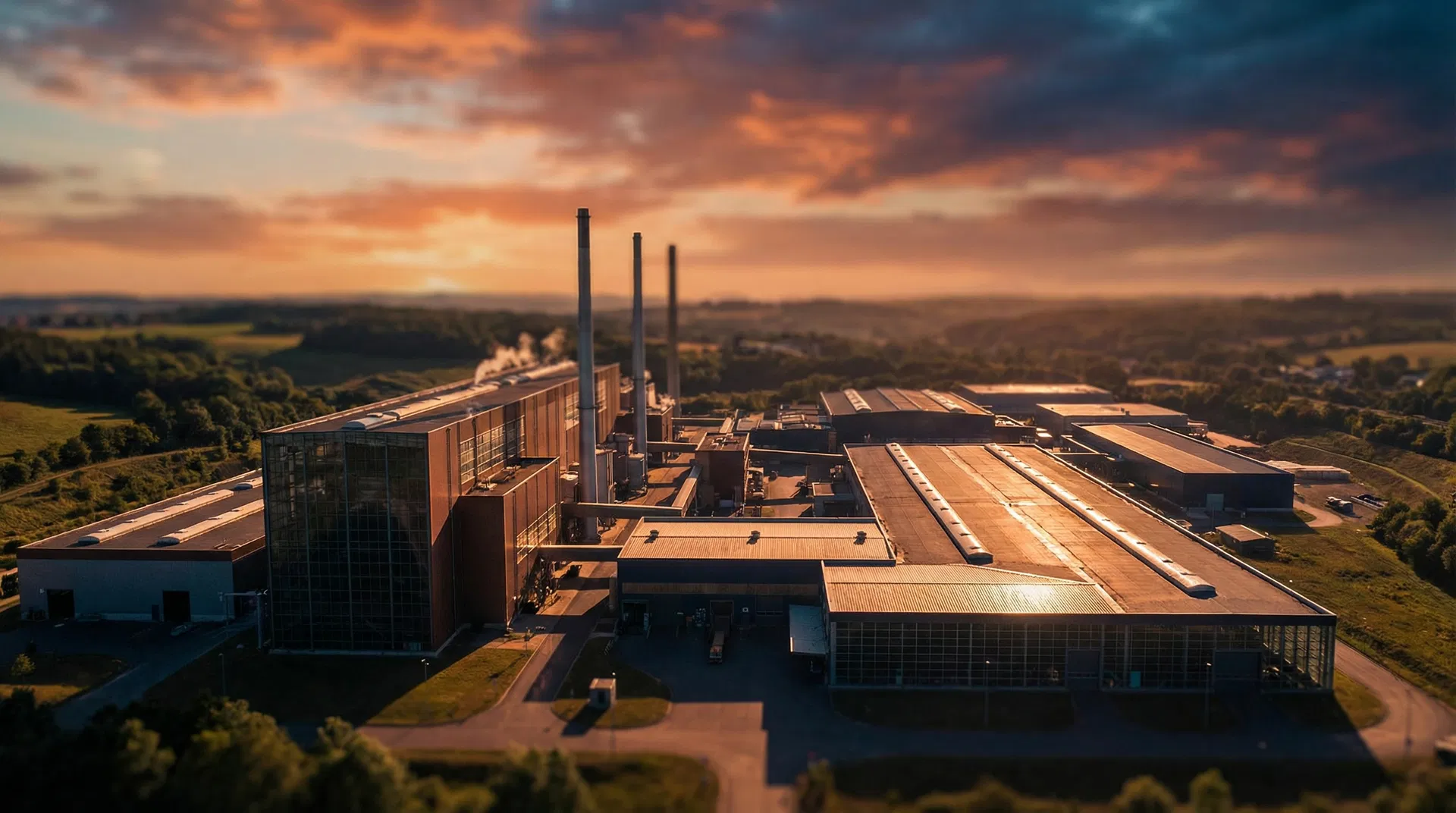 Manufacturing facility at golden hour