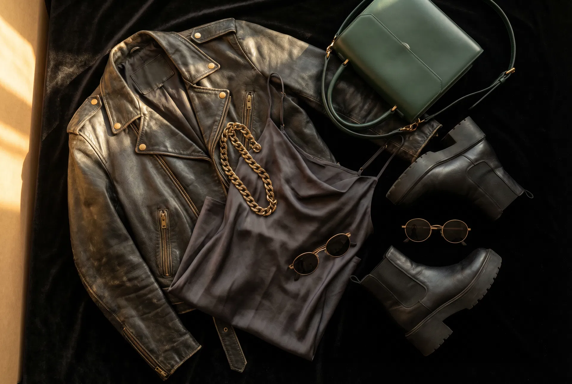 Dark luxury grunge fashion editorial — vintage leather jacket, silk slip dress, combat boots on black velvet