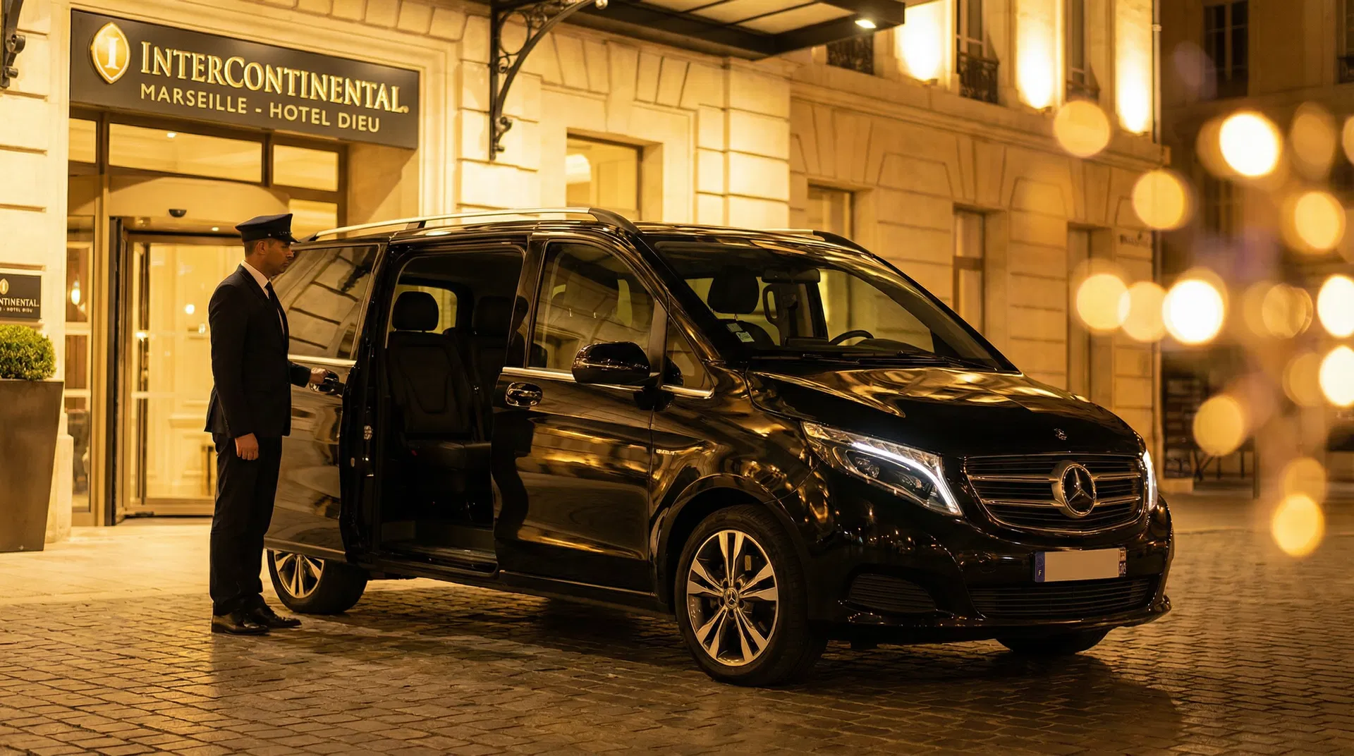 Van premium JIBNI VTC devant un hôtel de luxe à Marseille