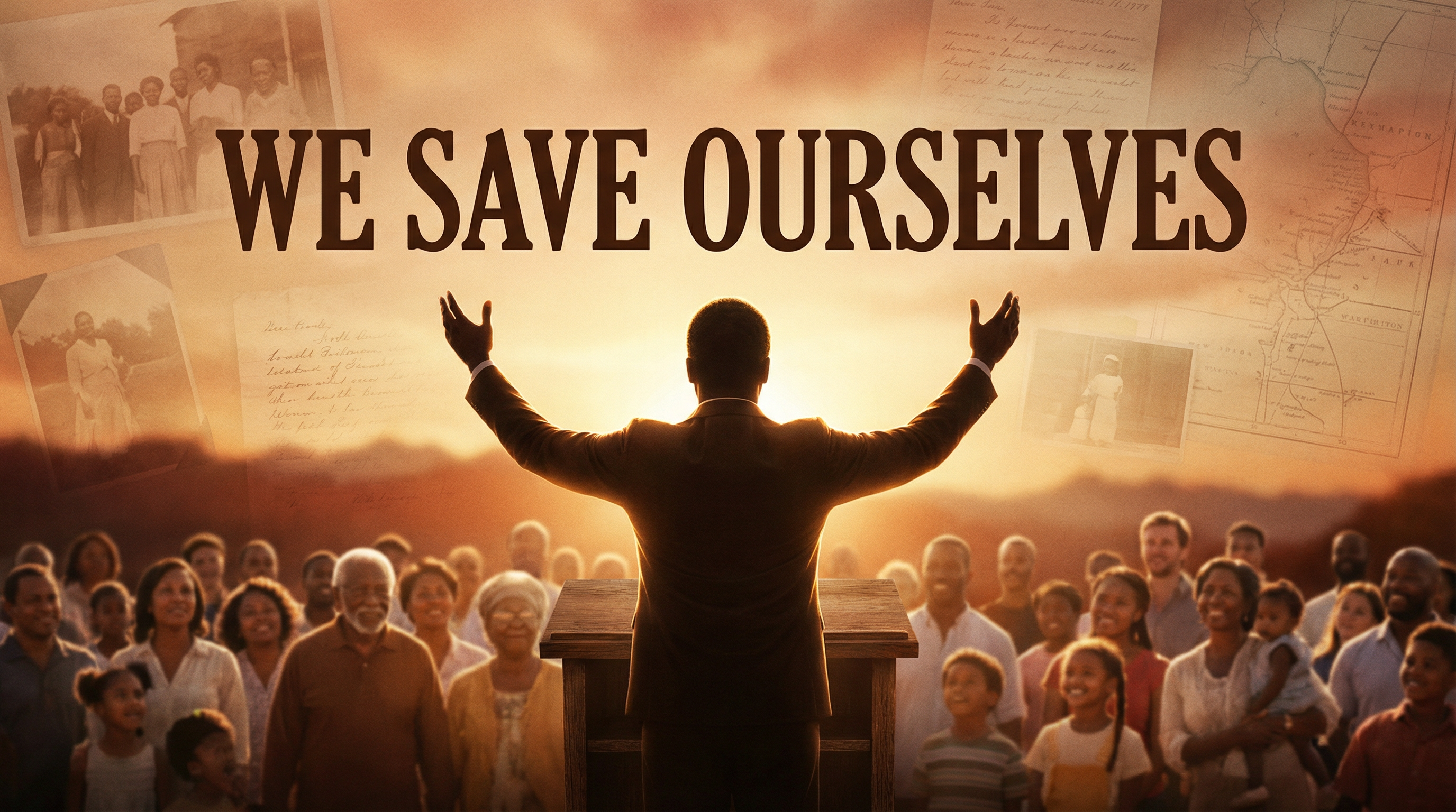 African American hands planting seeds in rich Florida soil with silhouette of family at sunrise over wetlands, symbolizing Yamasee self-determination and generational restoration