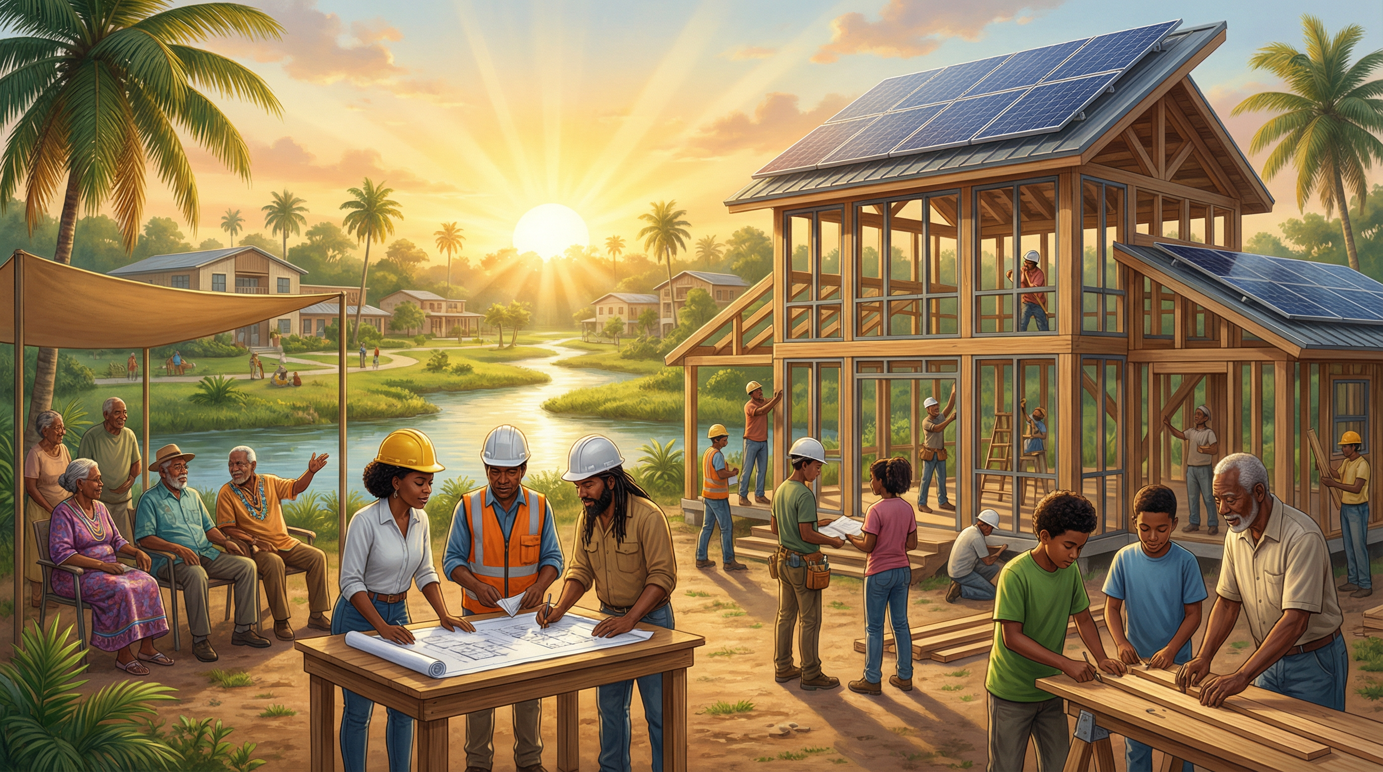 Afro-Indigenous woman restoring community infrastructure with tools and blueprints, symbolizing reparative action and self-determination