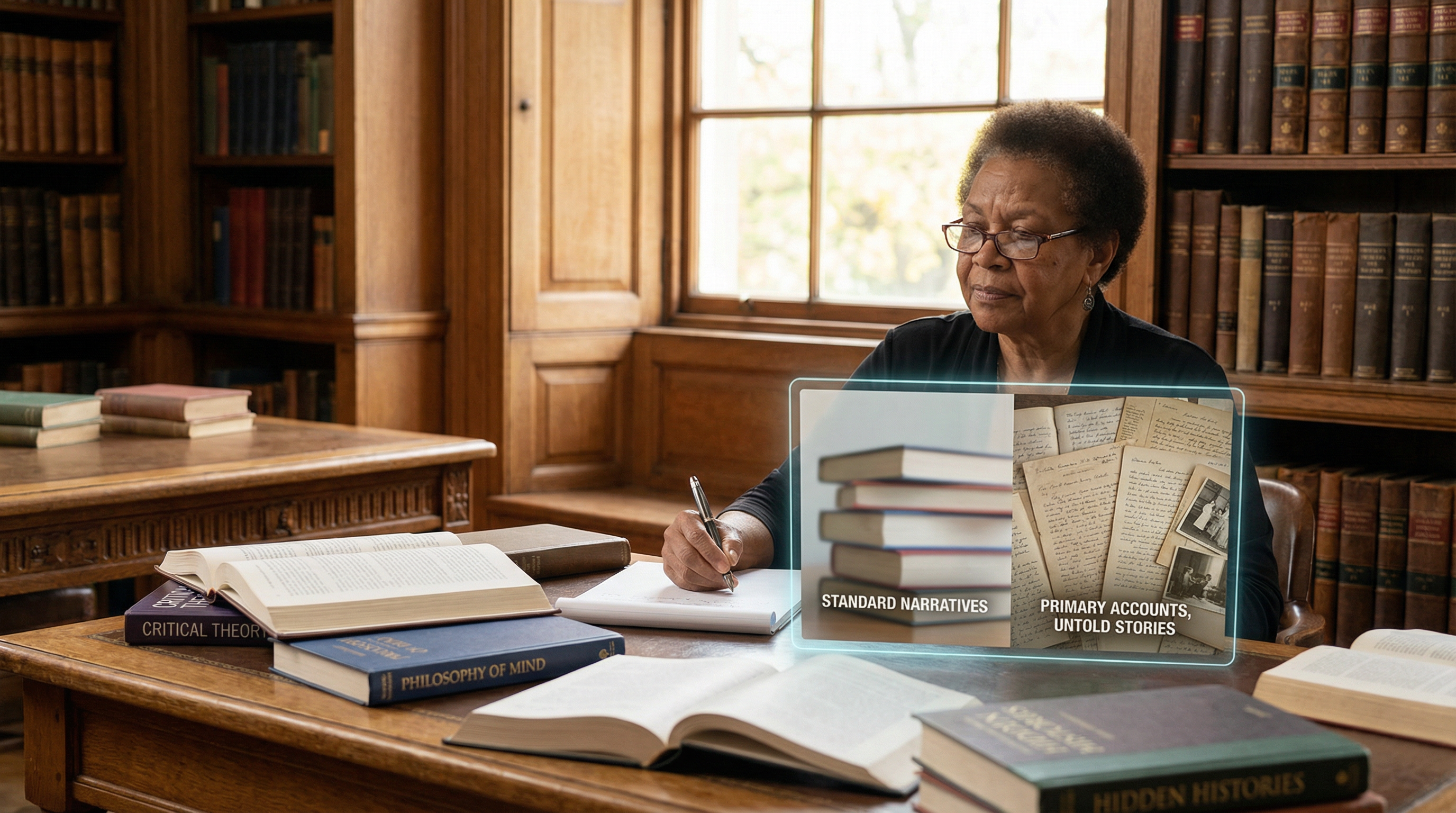 Philosophical illustration showing critical thinking concepts with historical documents and analytical tools