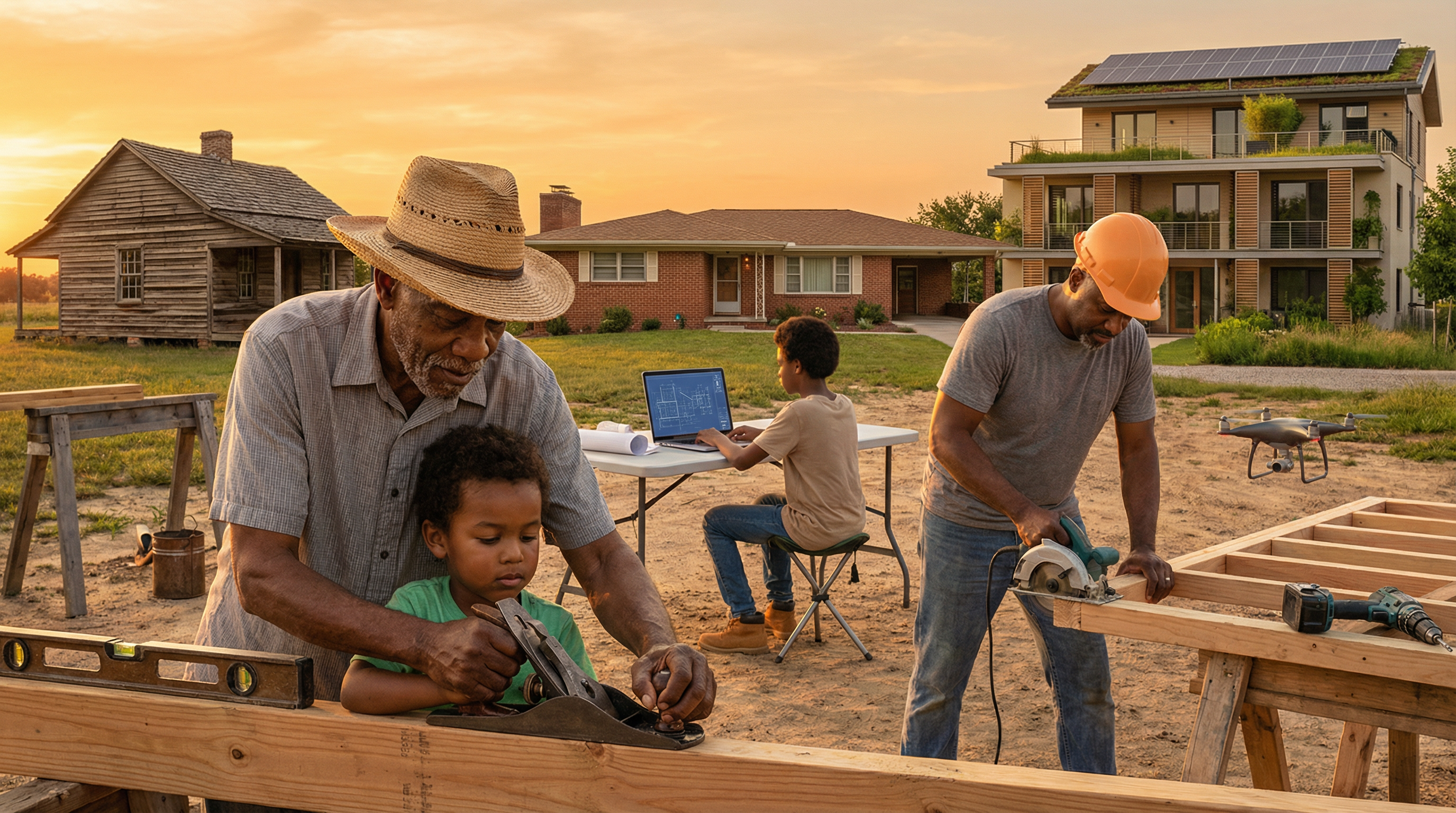 Florida lineage building scene with skilled craftsmen constructing traditional structures using ancestral knowledge