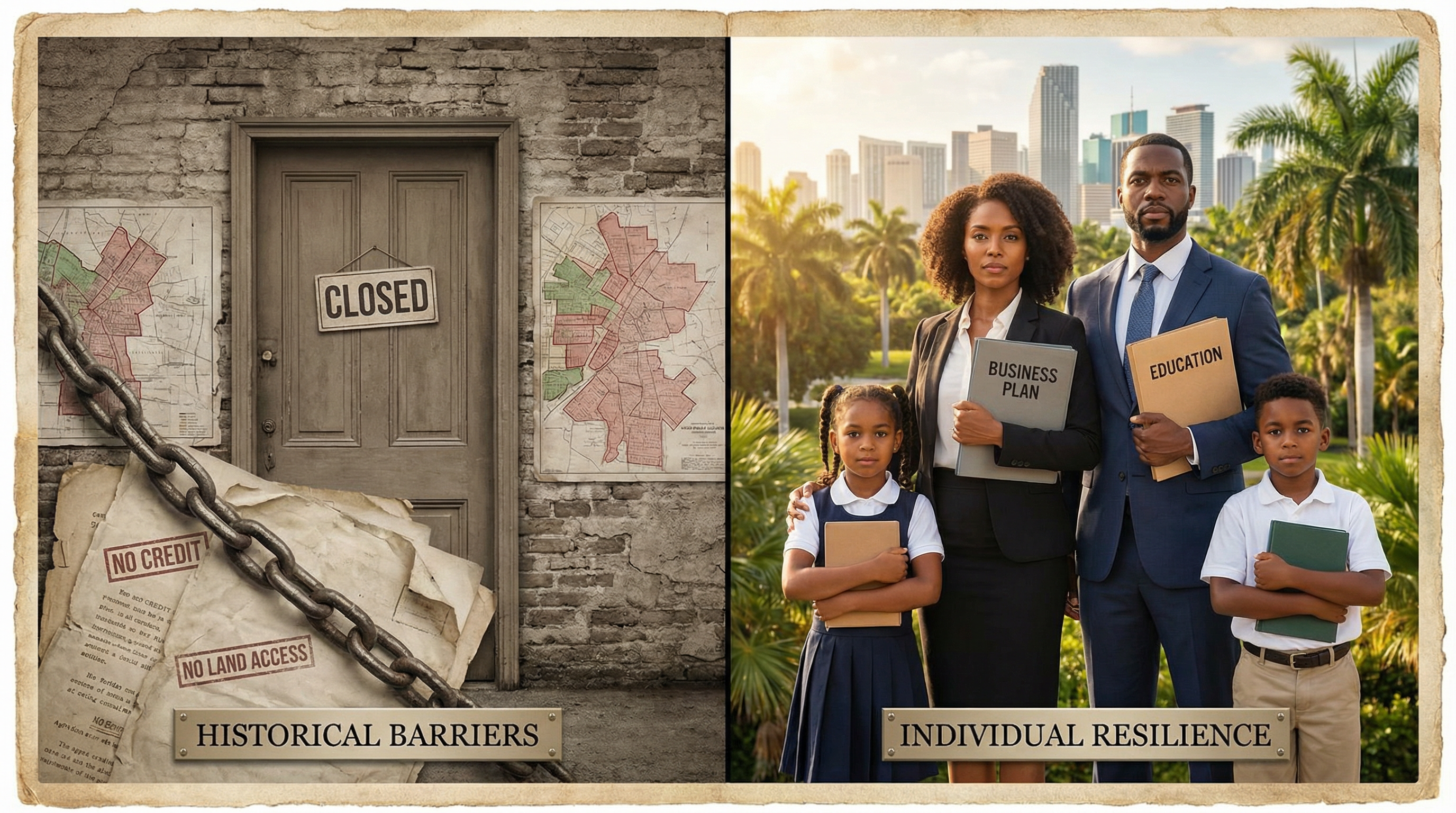 Historical illustration showing systemic economic displacement of Indigenous families through policy and land loss