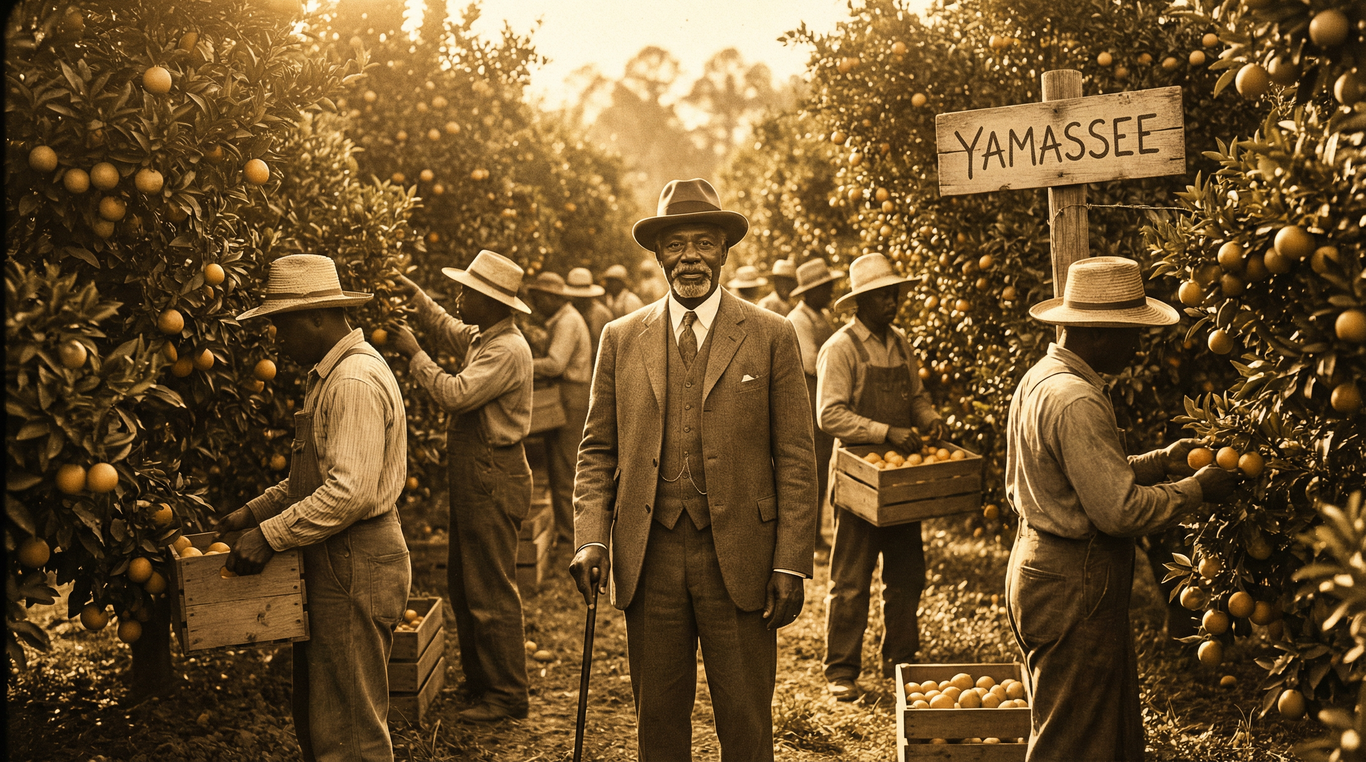 James Washington Wright Sr. standing in his citrus grove wearing period clothing and holding oranges