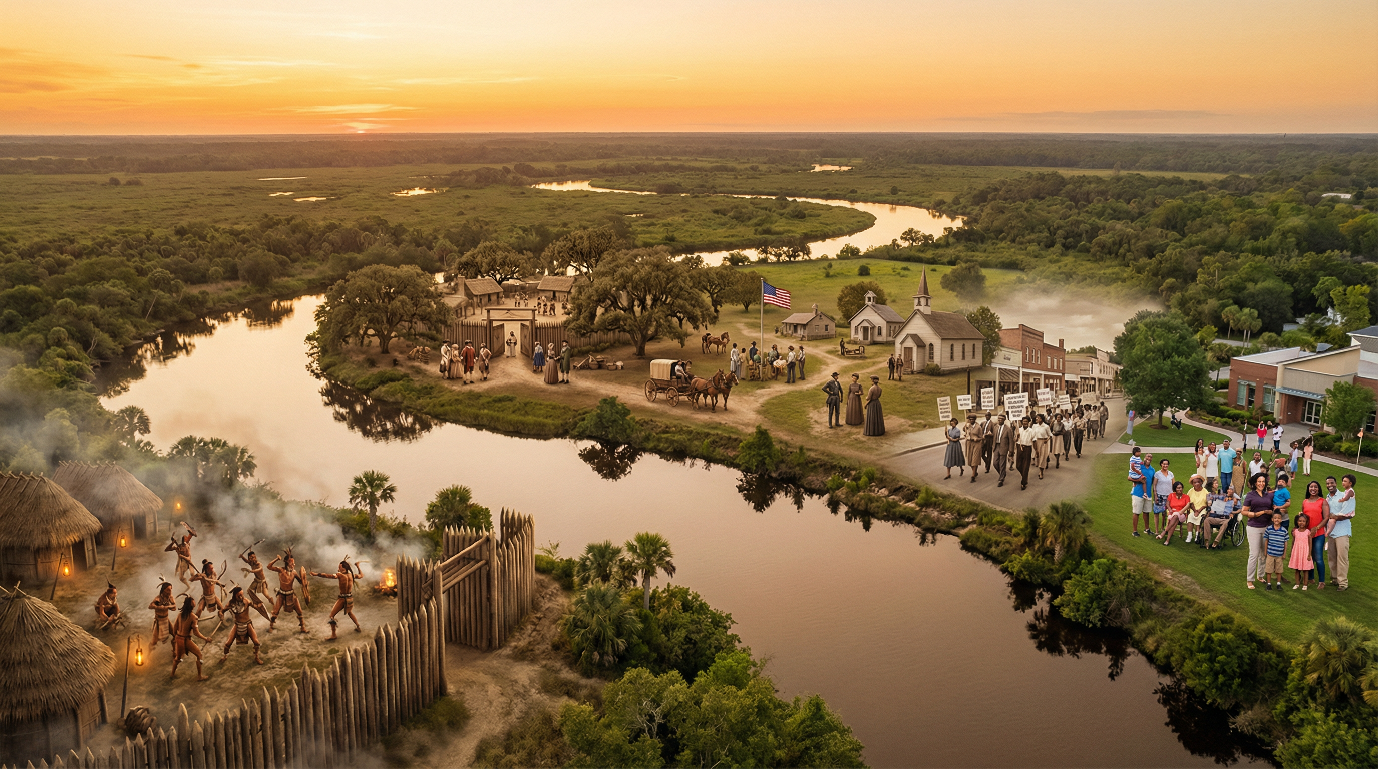 Yamasee War battle scene depicting Indigenous resistance fighters defending their territory in 1715