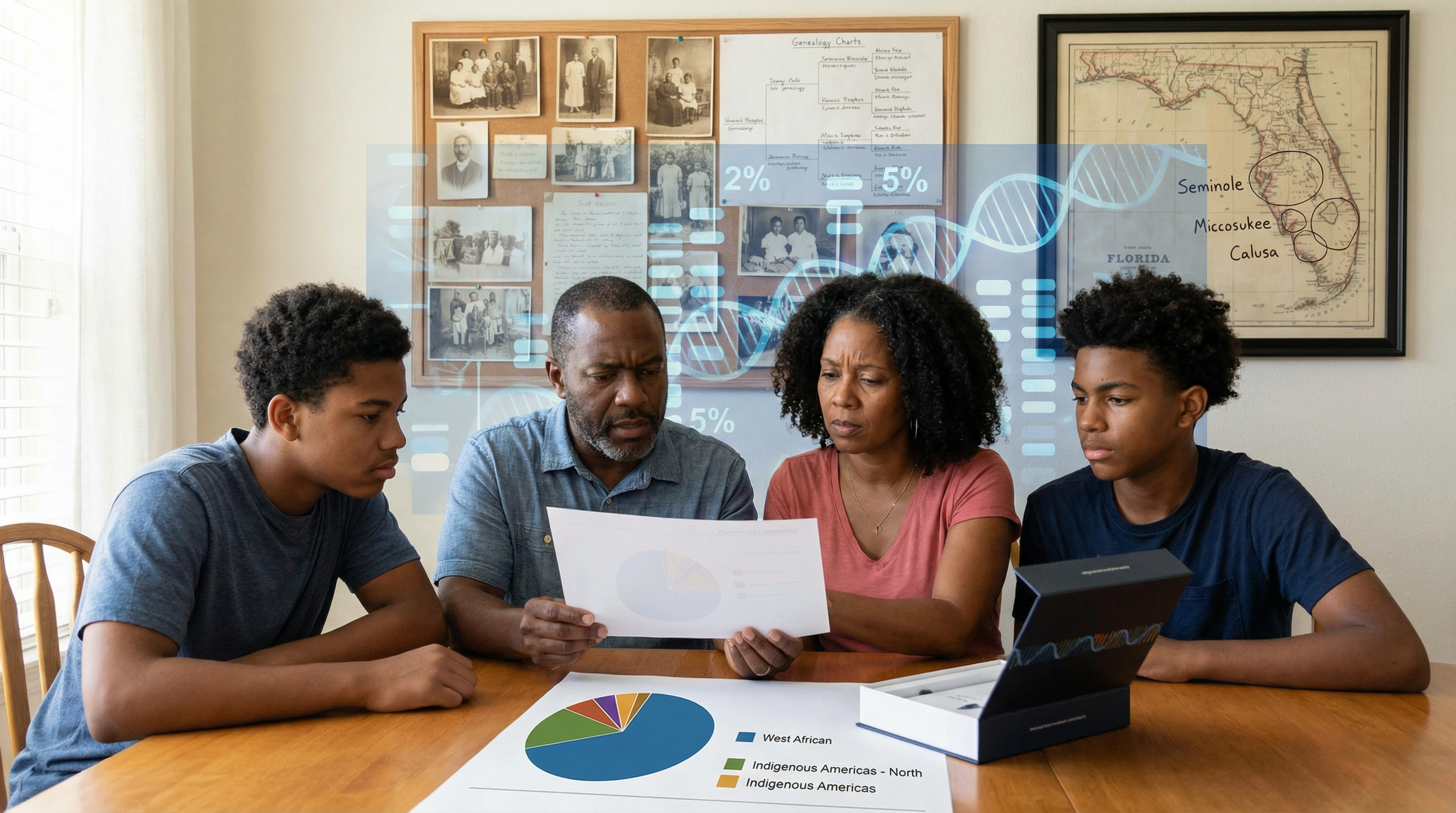 DNA test kit with colonial classification documents showing the limitations of genetic ancestry testing