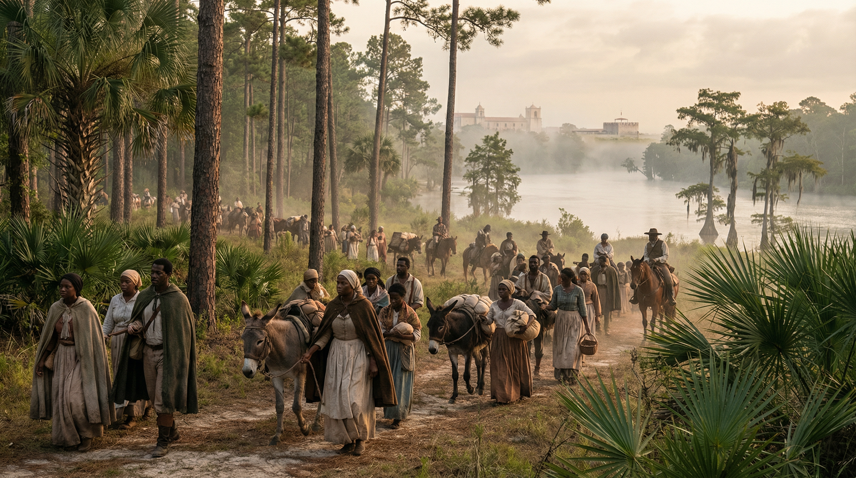Epic Yamasee migration scene showing families traveling from Carolina to Spanish Florida in 1715 (Spanish version)