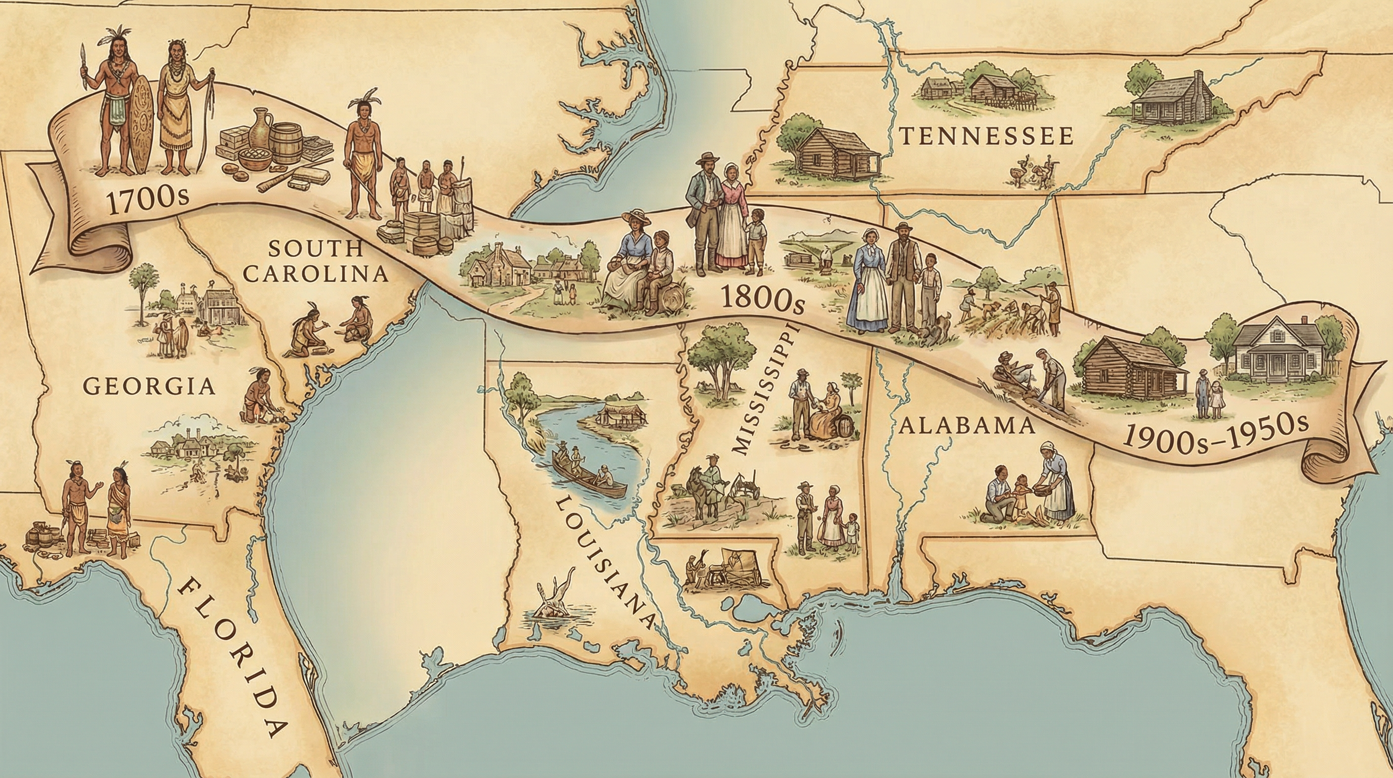 Historical map illustrating 250 years of Yamasee survival across seven southeastern states from 1700-1950