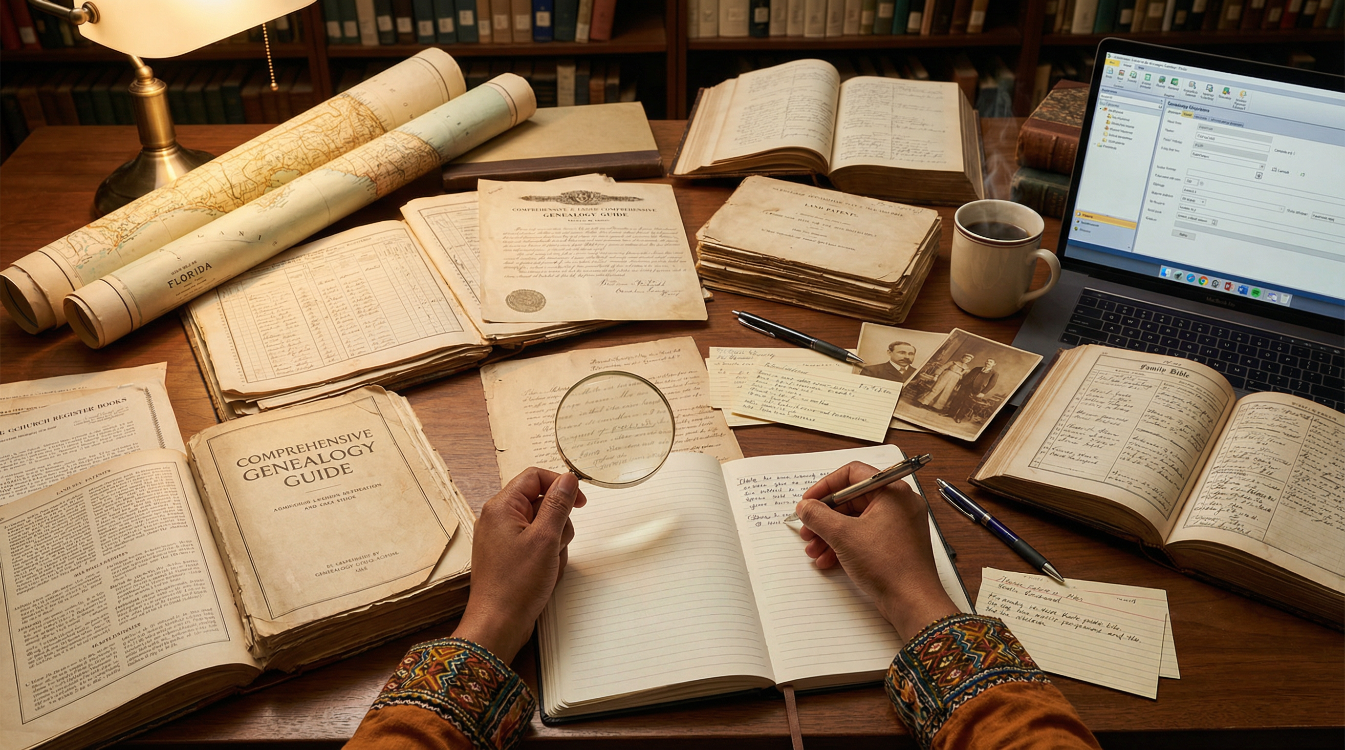 Comprehensive genealogy research workspace with Florida archives, census records, and family documents