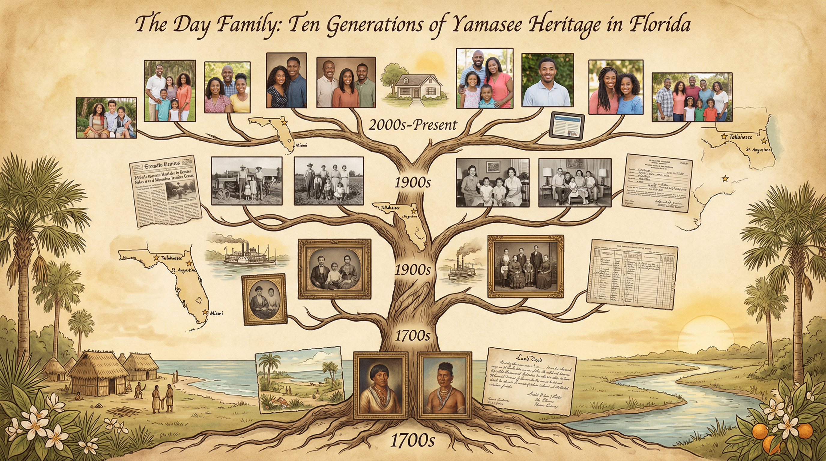 Day family multi-generational portrait showing 10 generations of documented Yamasee presence in Florida