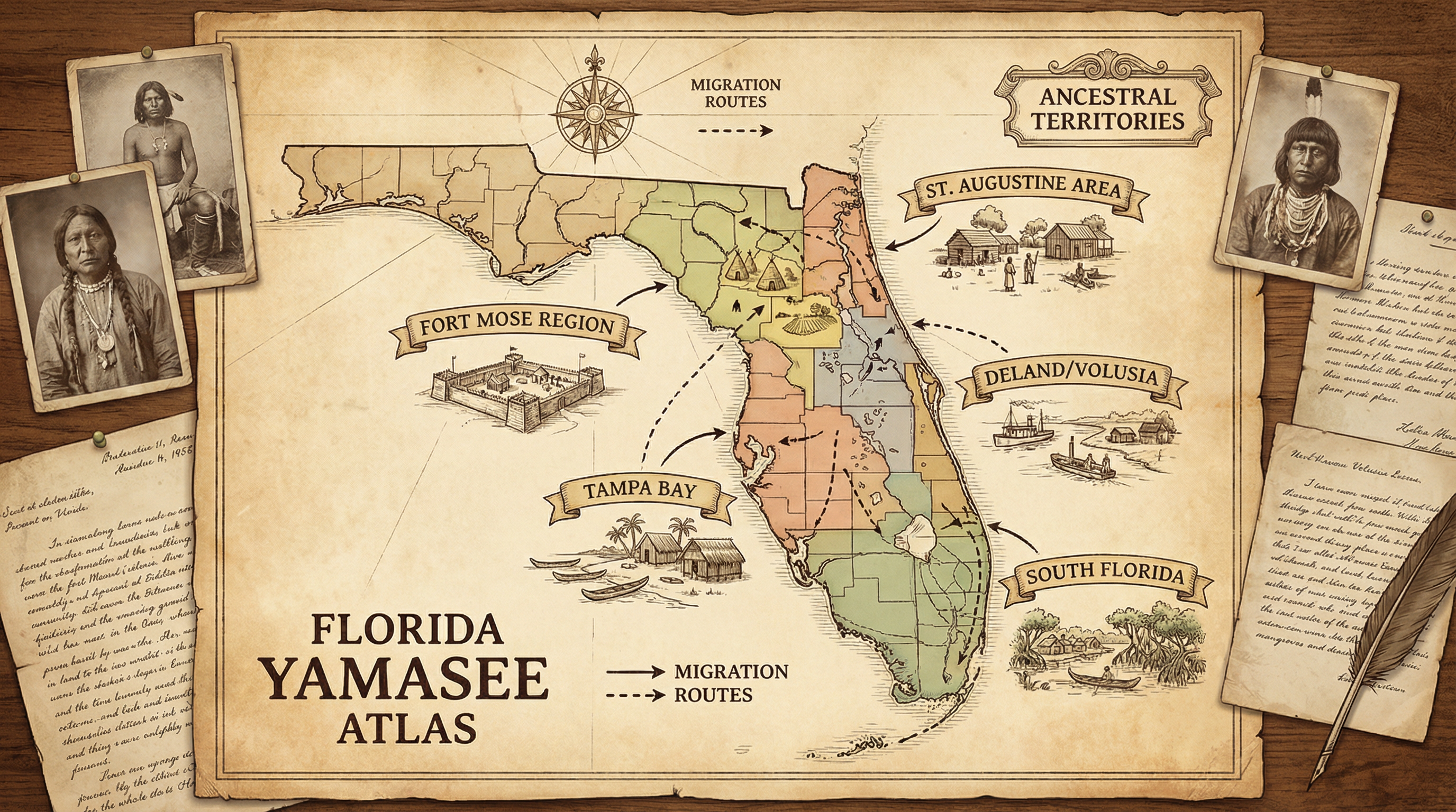 Florida Yamasee settlement atlas map showing six anchor regions across the state with historical markers