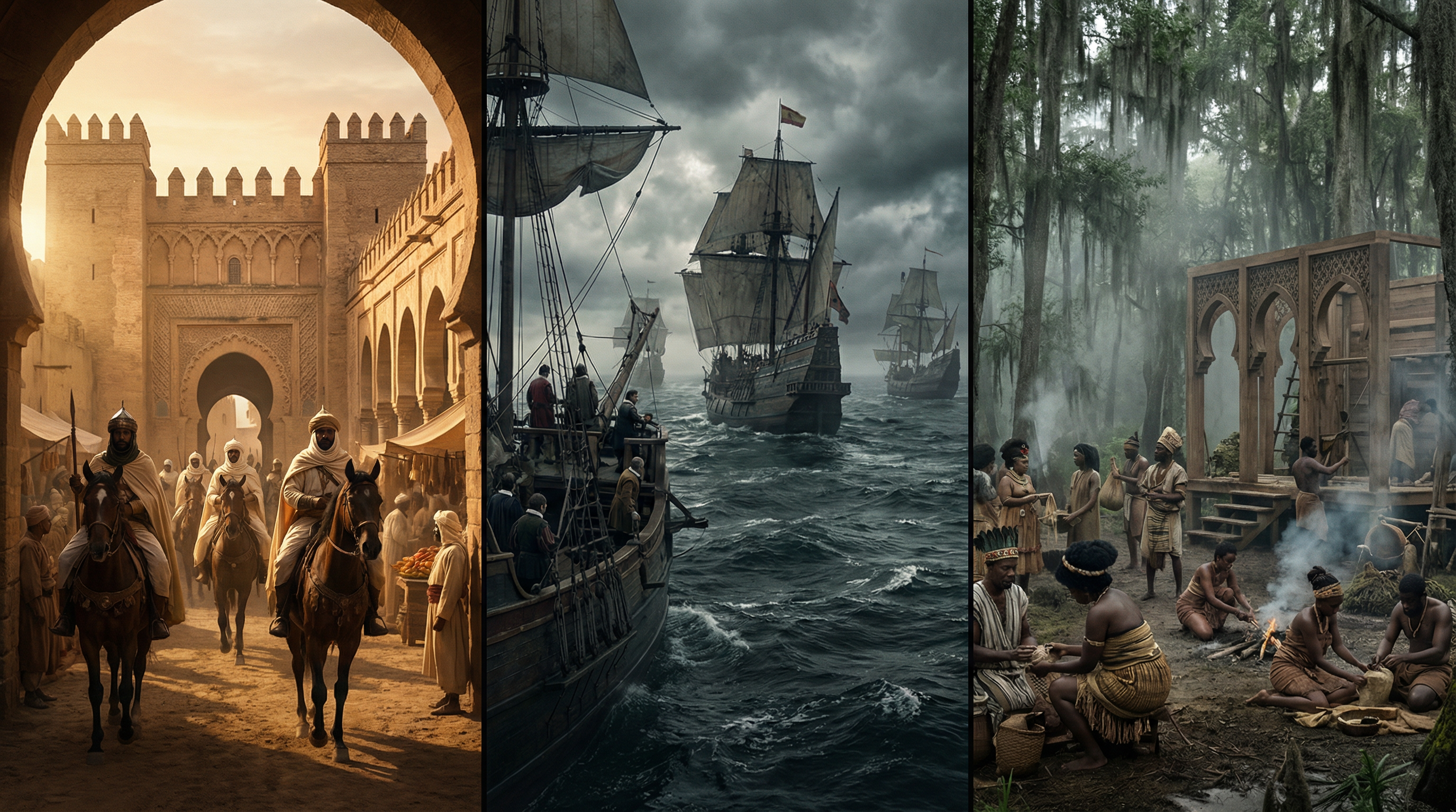 Three-panel historical timeline from Moorish Spain to Spanish ships to Florida swamps showing 1,300-year war