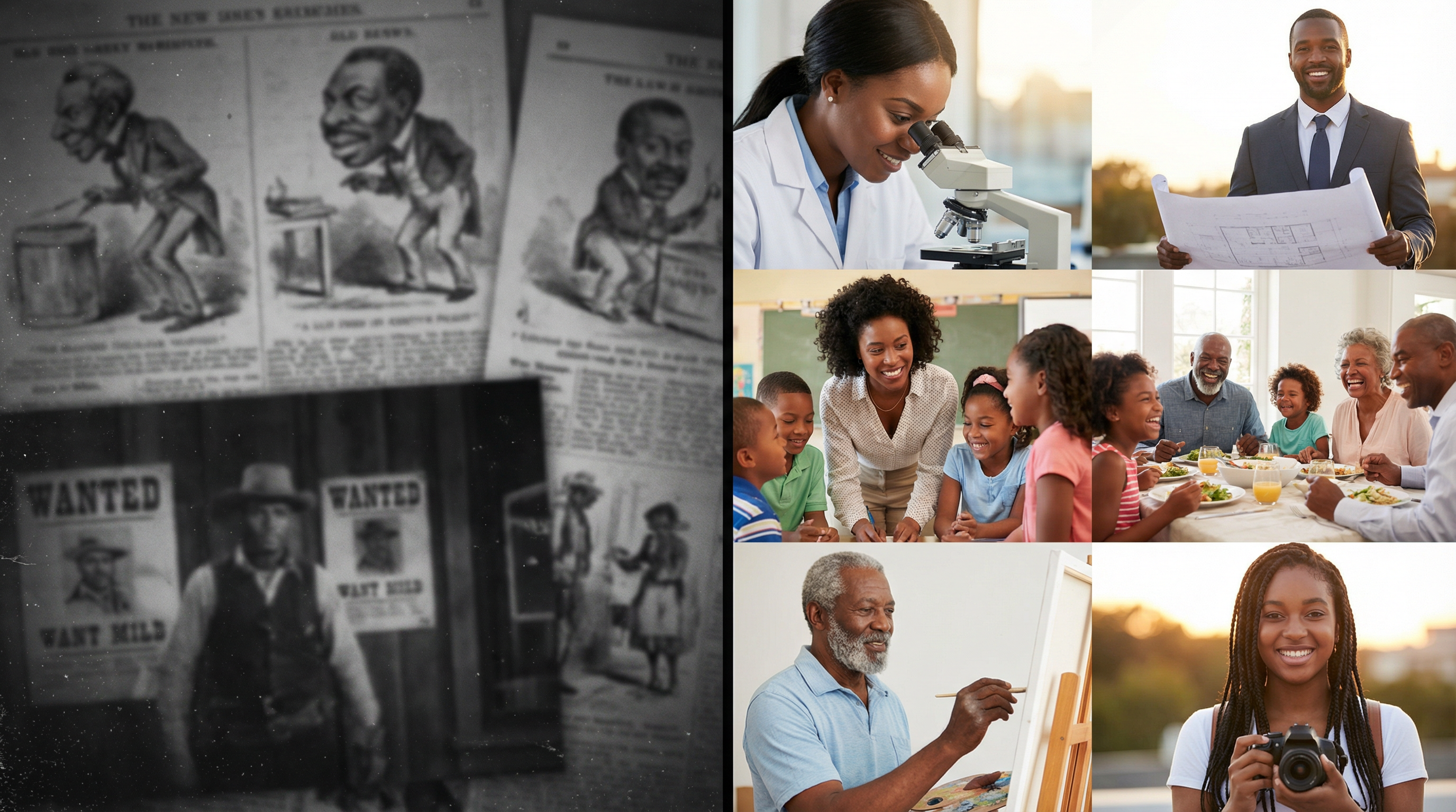 Split image contrasting harmful Black stereotypes with real portraits of Black excellence in various professions