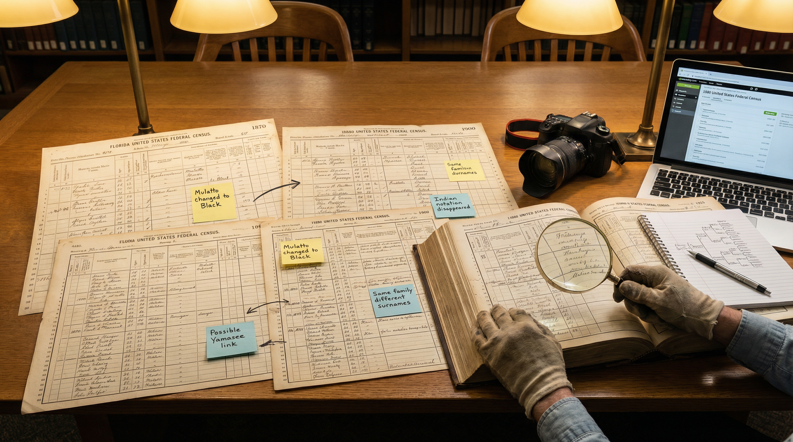 Florida census records from multiple decades showing racial classification changes and family connections