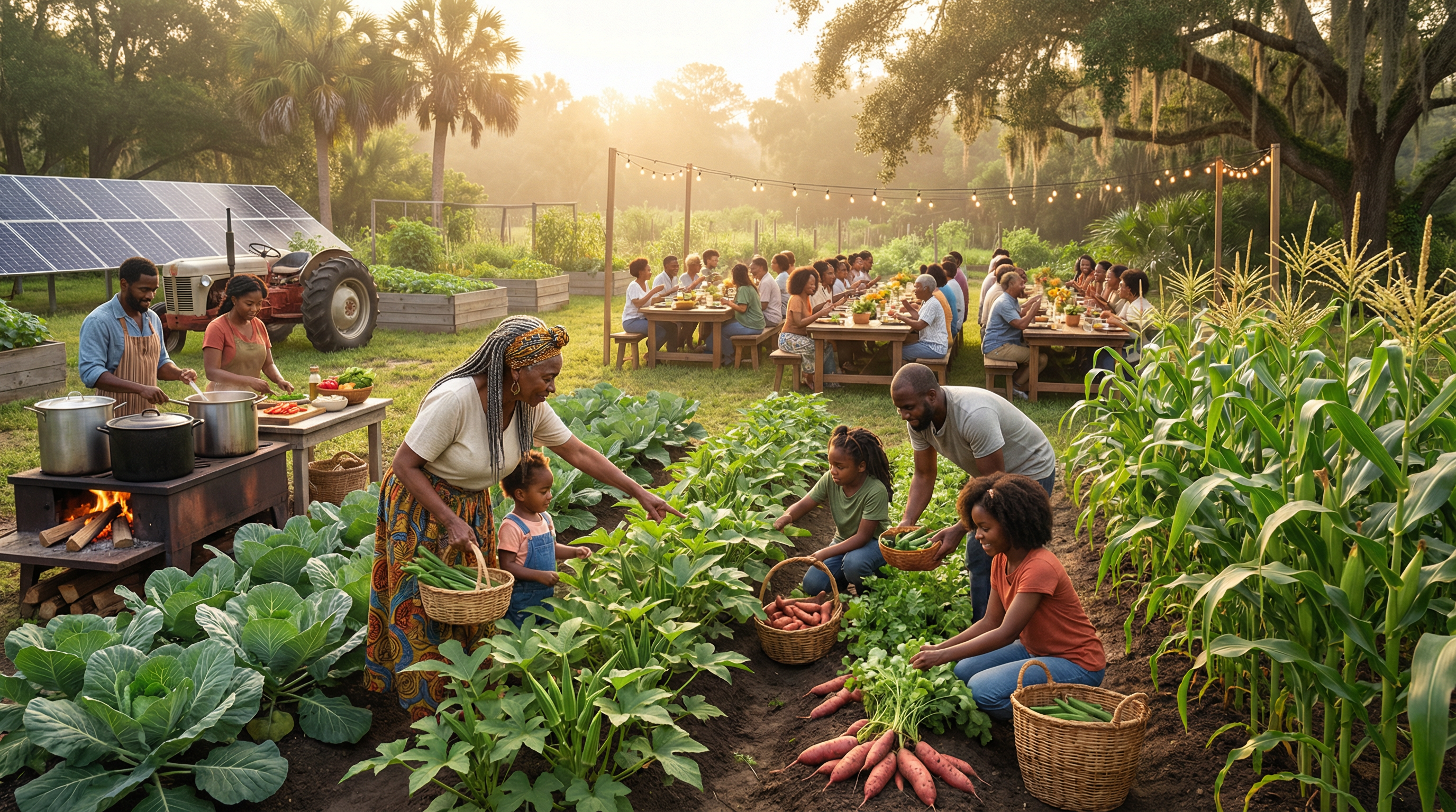 Community garden and food sovereignty project showing Afro-Indigenous families growing traditional crops