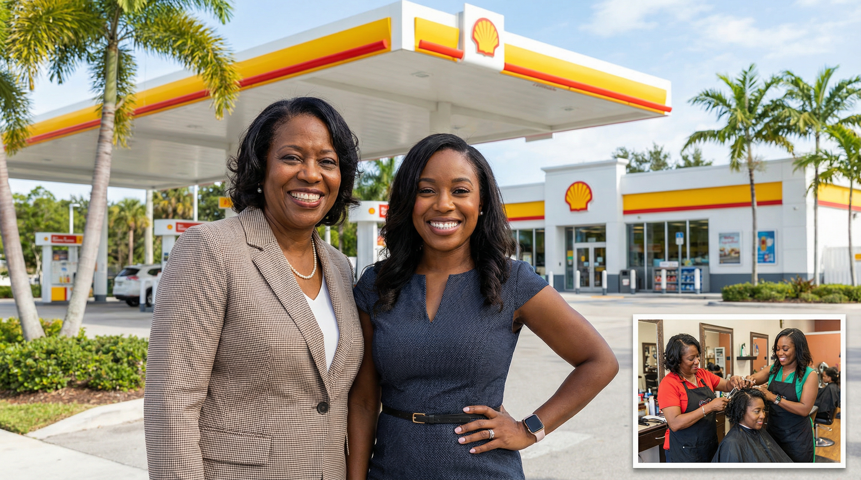 Mother and daughter entrepreneurs standing proudly in front of Florida's first Black-owned Shell gas station