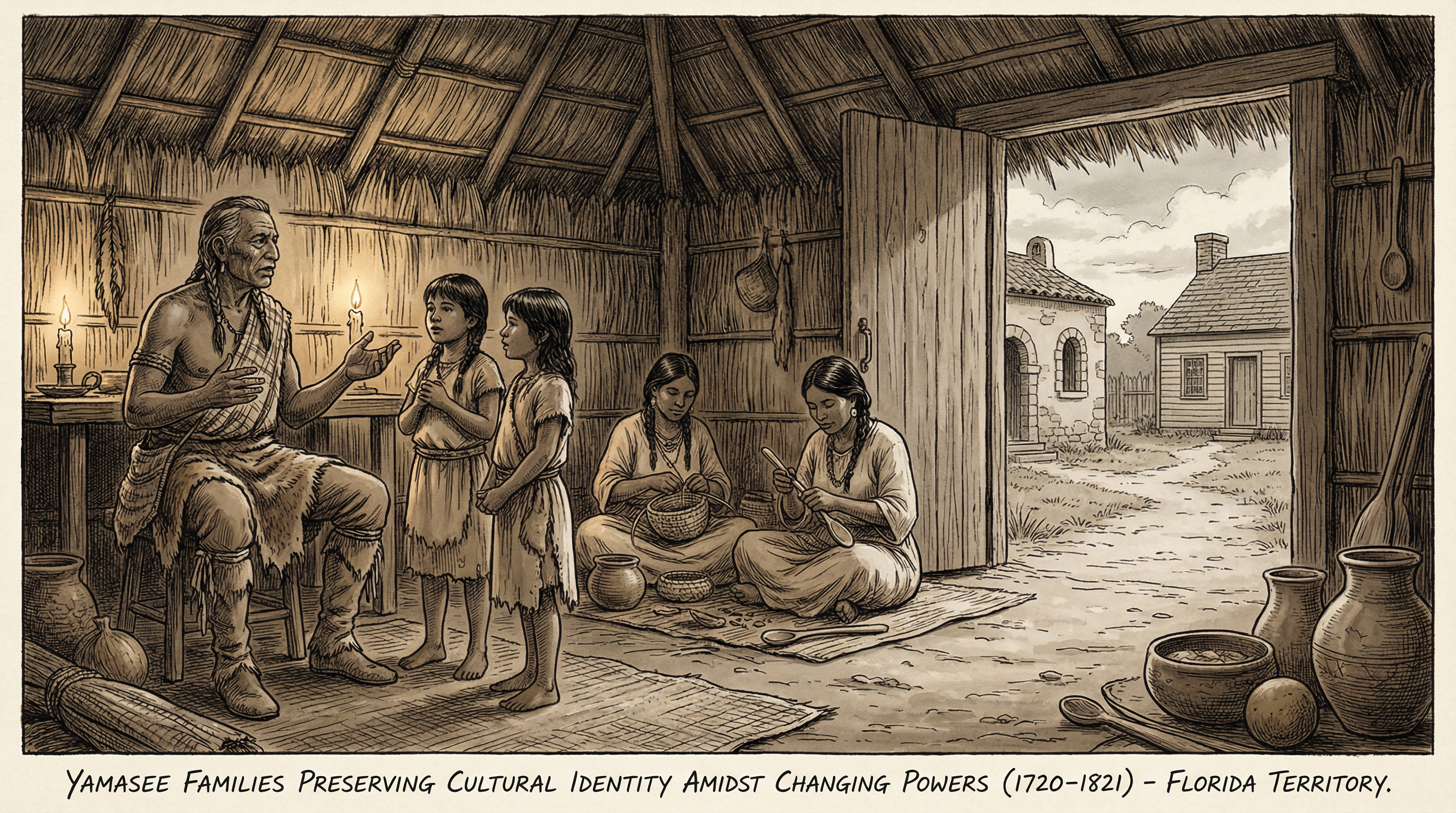 Historical map showing Yamasee families navigating between Spanish and British colonial territories in Florida